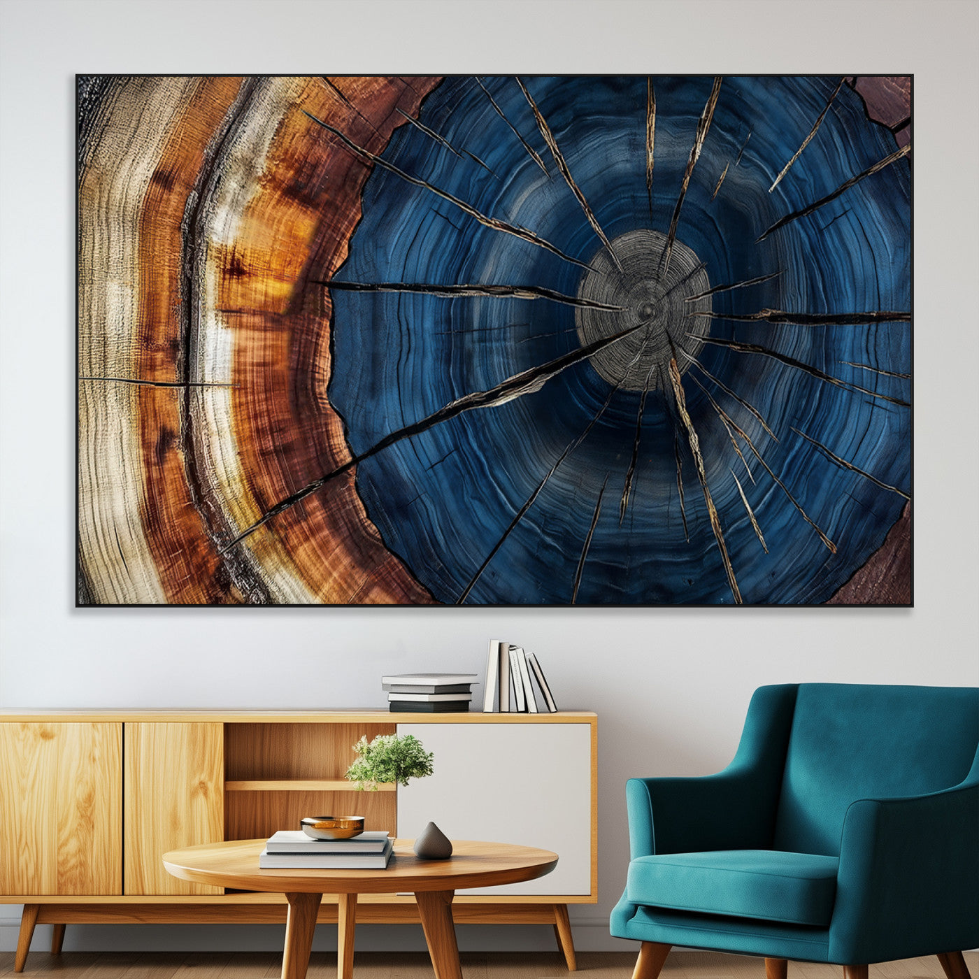 60099360-MGV-CV-36X24-Blue Tree Ring Wall Art – Rustic Wood Grain Canvas Print, Modern Abstract Artwork with Natural Texture for Living Room, Bedroom,
