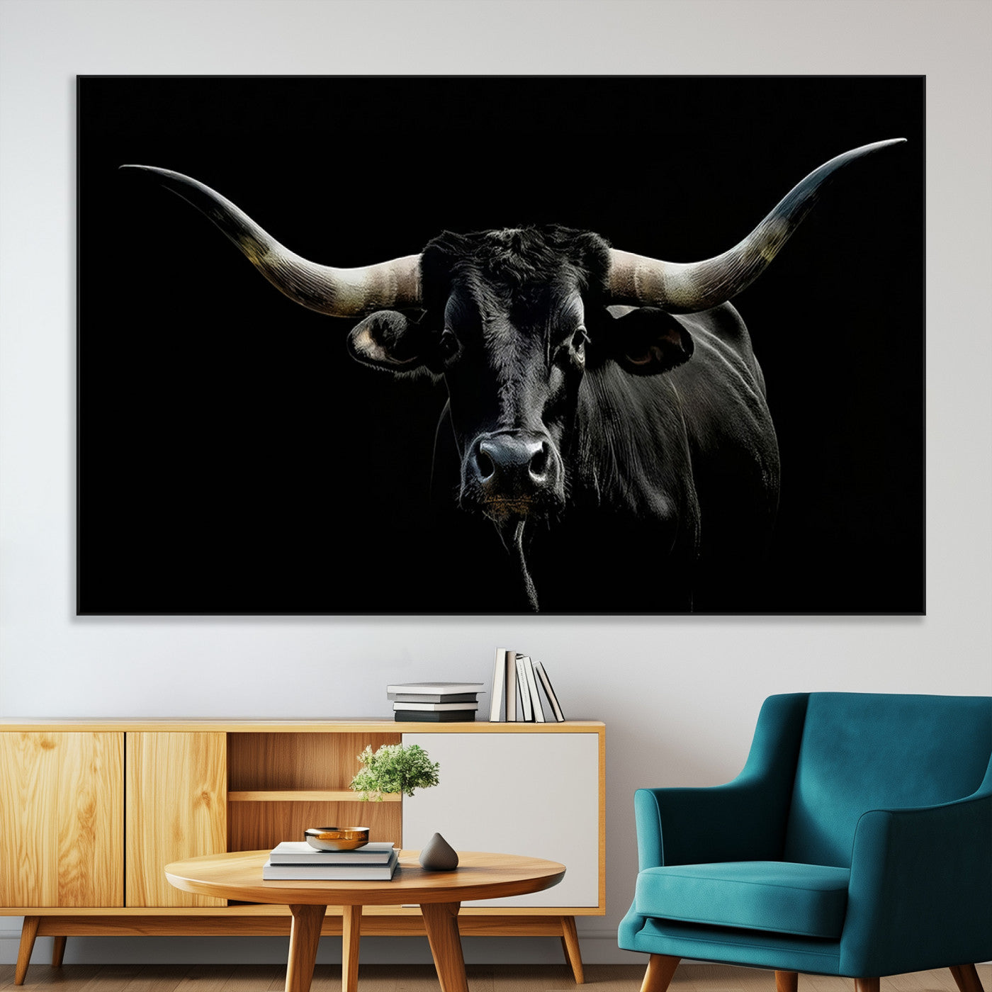 37531960-MGV-CV-36X24-Black Longhorn Bull Wall Art – Dramatic Western Cattle Canvas Print, Rustic Farmhouse Animal Artwork for Living Room, Bedroom,