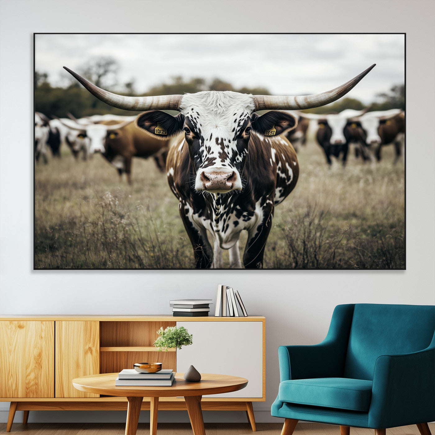 79025945-MGV-CV-36X24-Texas Longhorn Wall Art Canvas Print, Framed Speckled Cow Art Picture Print, Horned Cattle Perfect Rustic Western Decor Artwork