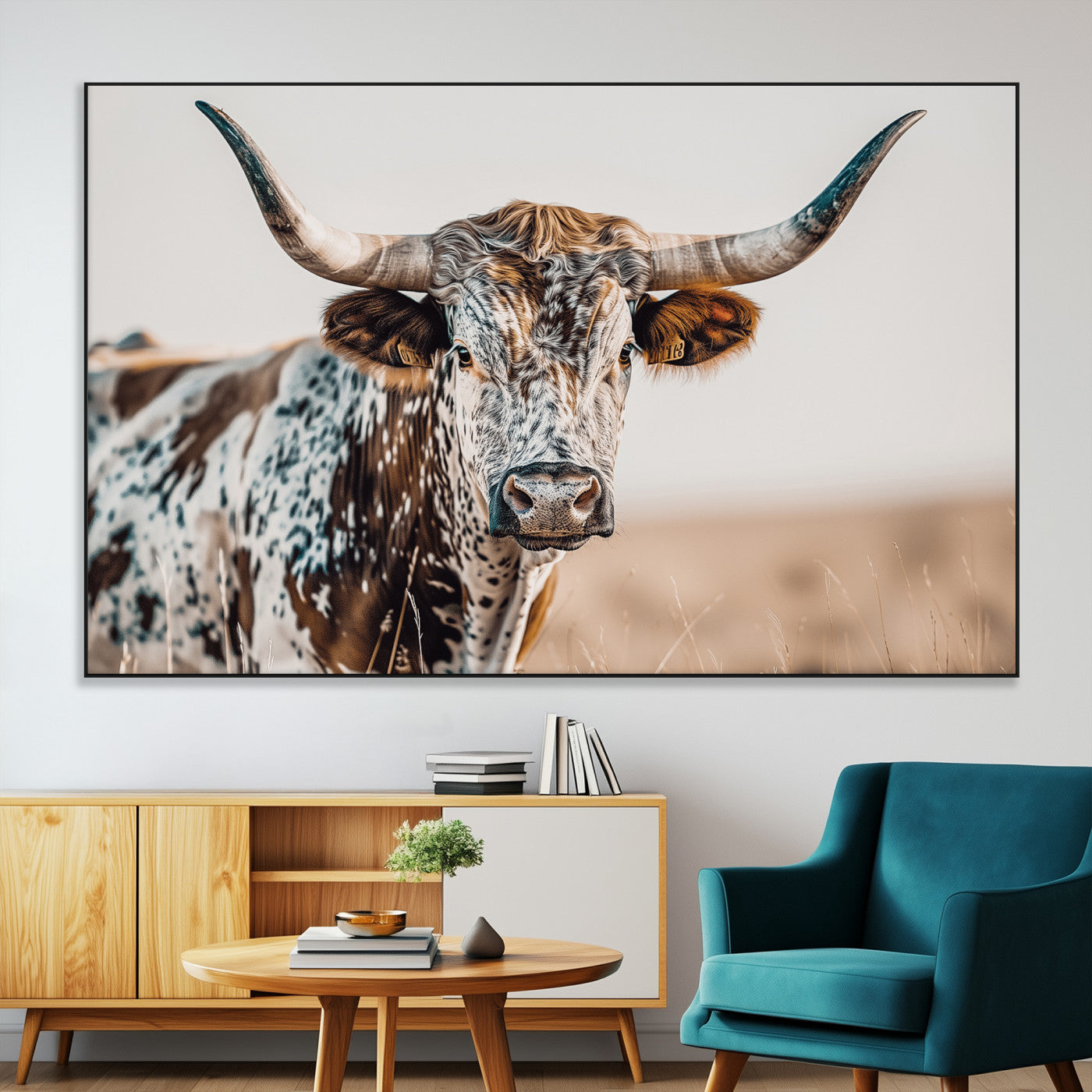70414966-MGV-CV-36X24-Texas Longhorn Wall Art Canvas Print, Framed Speckled Cow Art Picture Print, Horned Bull Perfect Rustic Western Decor Artwork