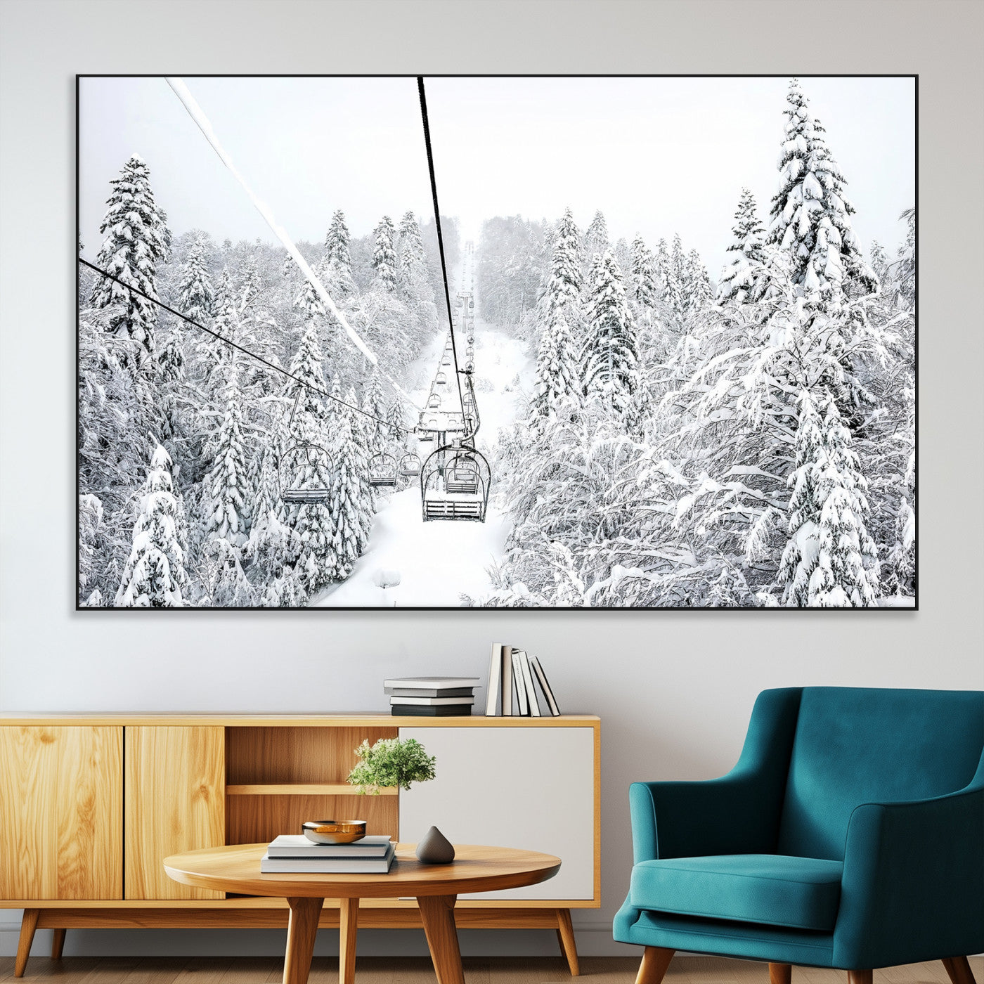 60296839-MGV-CV-36X24-Snowy Mountains Wall Art Canvas Print, Framed Ski Lift Art Picture Print, Winter Forest Perfect Winter Minimalist Decor Artwork