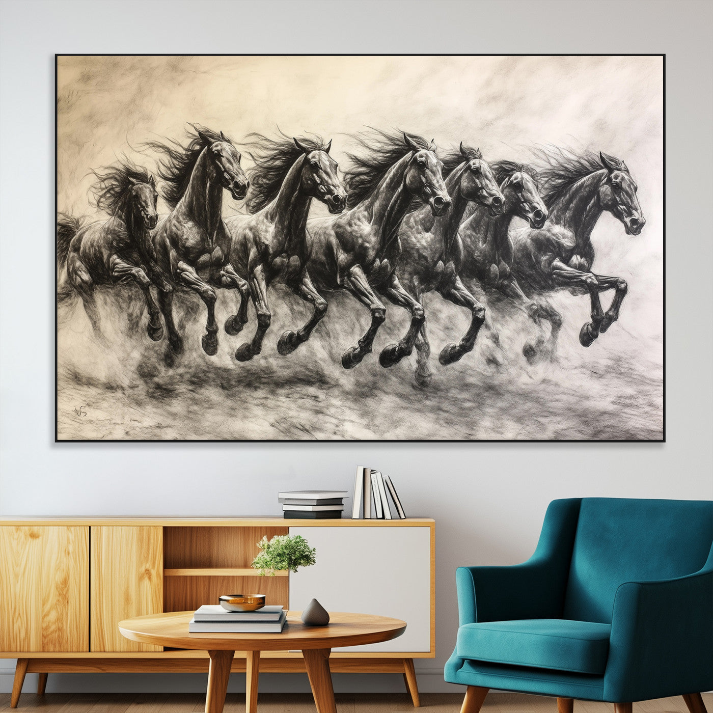 56089591-SEG-FC-51X34_Oversize-Galloping Horses Wall Art Canvas Print, Framed Wild Stallions Art Picture Print, Horse Herd Sketch Perfect Monochrome Dynamic