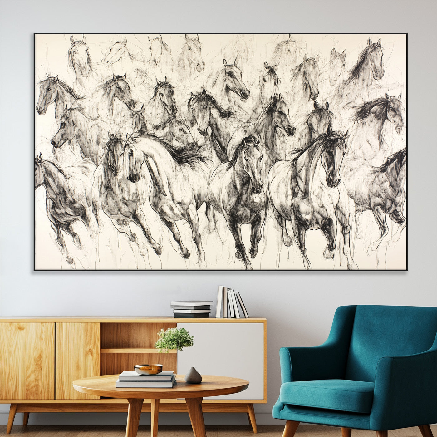 19433417-MGV-CV-36X24-Running Horses Wall Art Canvas Print, Framed Horse Sketch Art Picture Print, Galloping Herd Perfect Monochrome Western Decor