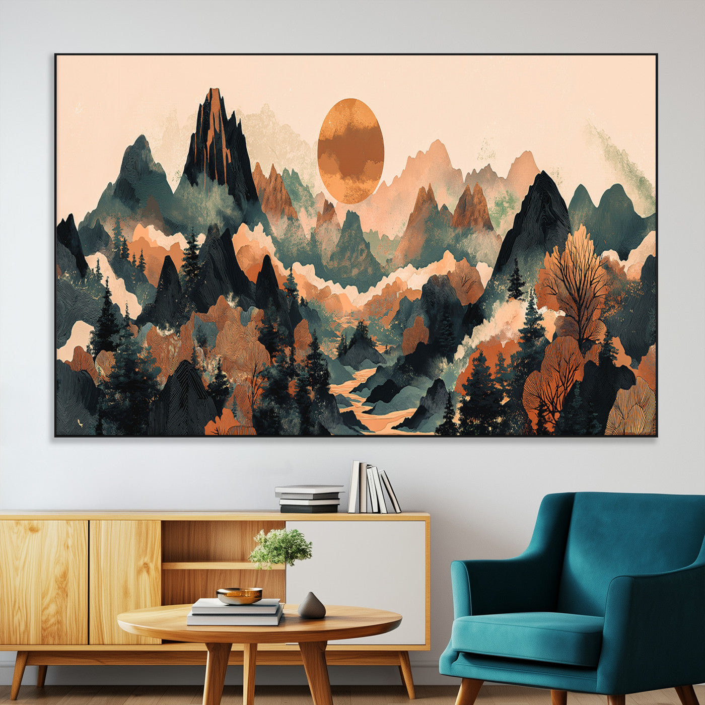 13012770-MGV-CV-36X24-Mountain Landscape Wall Art – Modern Nature Canvas Print with Sun, Misty Peaks, and Forest in Orange and Green Tones for Living