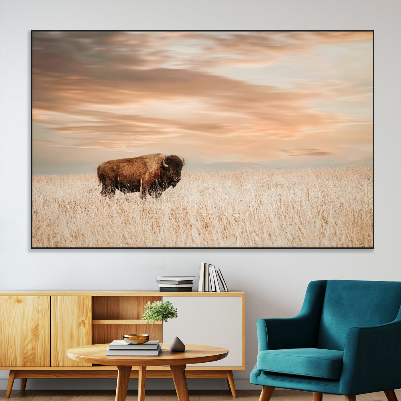 87282289-SEG-FC-51X34_Oversize-Bison Wall Art Canvas Print, Framed Buffalo Art Picture Print, Western Prairie Perfect Rustic Decor Artwork