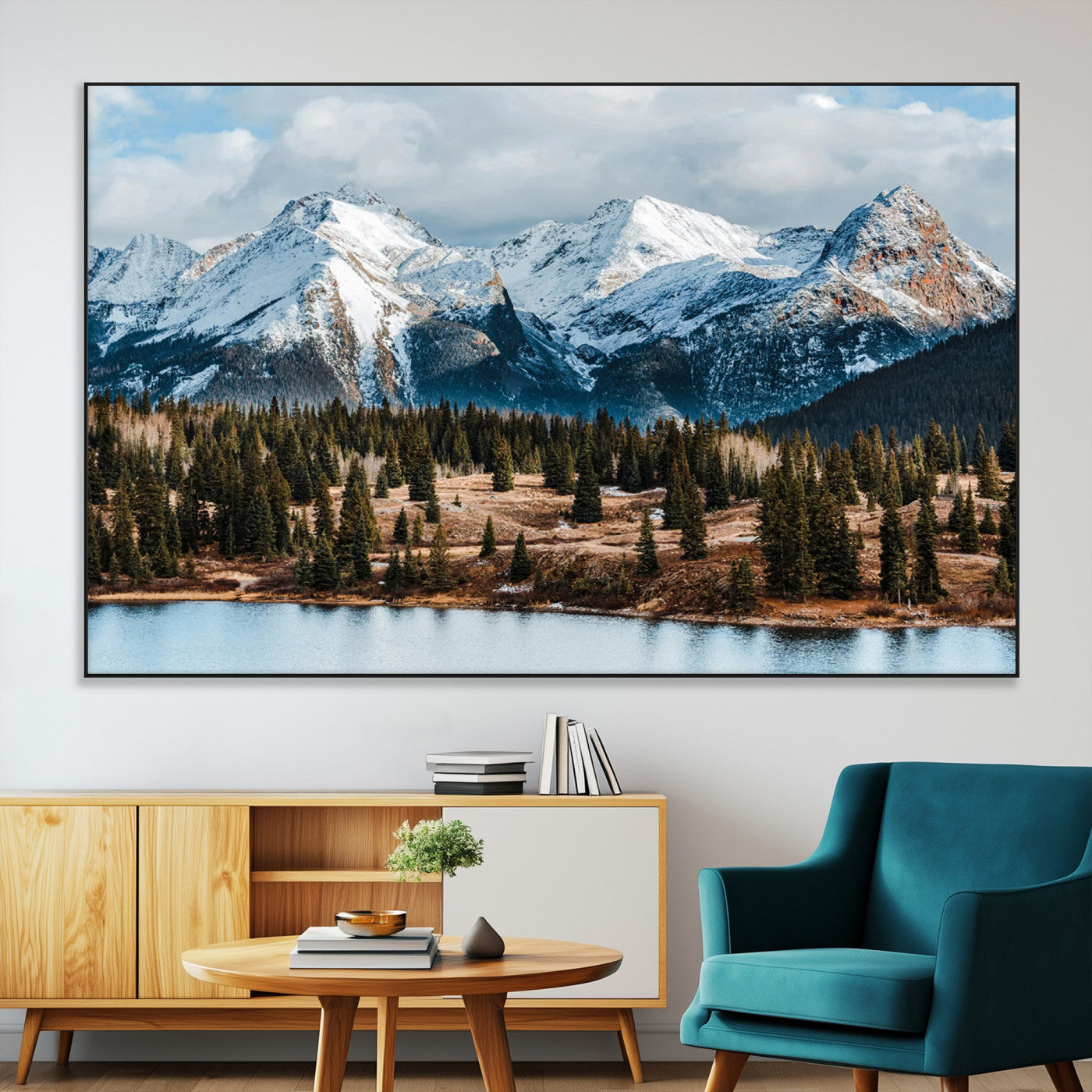 36247746-SEG-FC-51X34_Oversize-Snowy Peaks Wall Art Canvas Print, Framed Alpine Lake Art Picture Print, Pine Forest Perfect Alpine Wilderness Decor Artwork