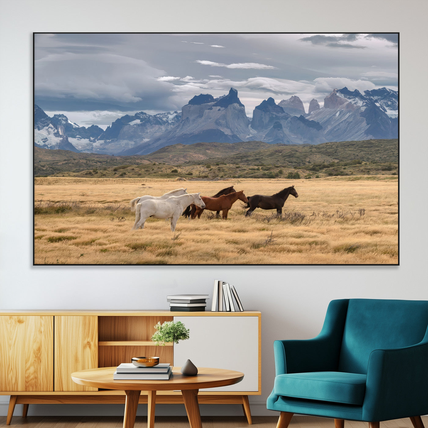 69960232-SEG-FC-51X34_Oversize-Wild Horses Wall Art Canvas Print, Framed Patagonian Peaks Art Picture Print, Torres del Paine Perfect Rustic Patagonian Decor