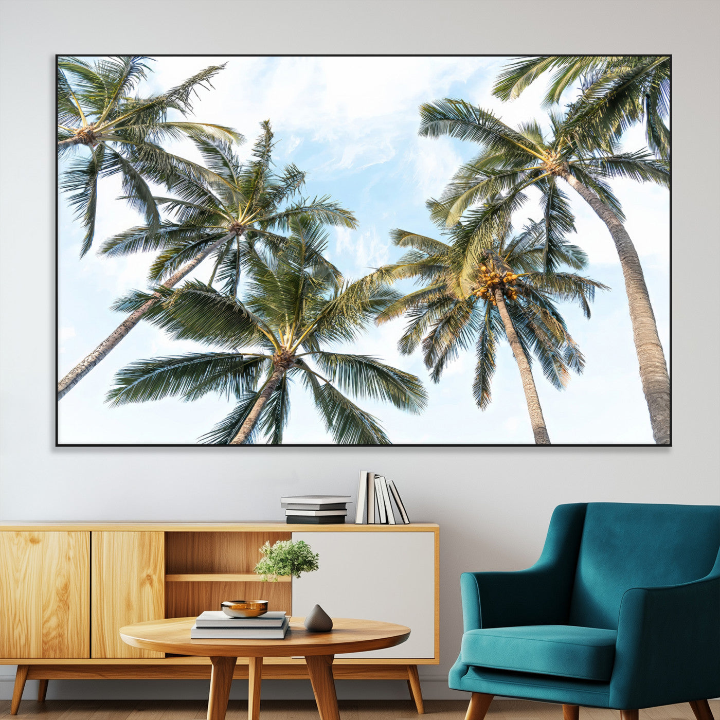 87247012-SEG-FC-51X34_Oversize-Skyward Palm Trees Wall Art Canvas Print, Framed Tropical Sky Art Picture Print, Coconut Palm Perfect Tropical Skyview Decor