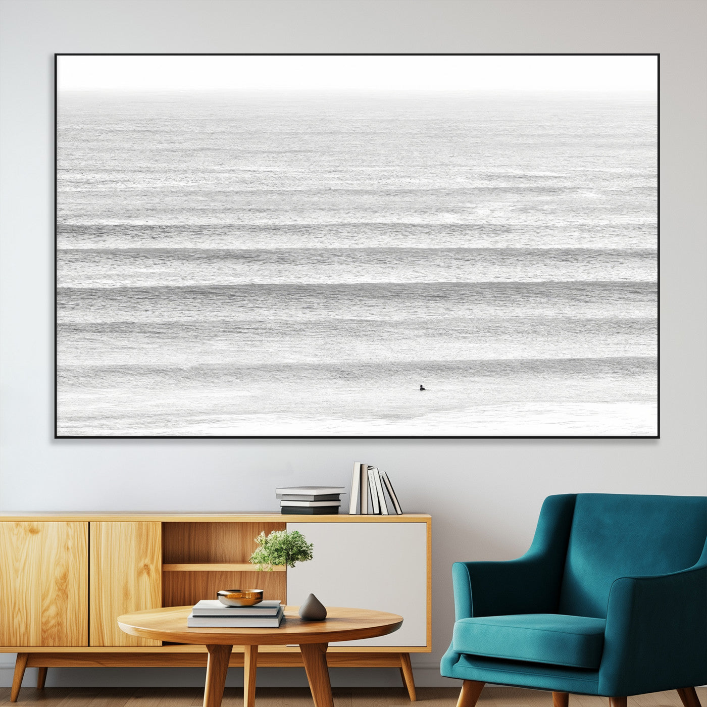 66534476-MGV-CV-36X24-Lone Surfer Wall Art Canvas Print, Framed Ocean Waves Art Picture Print, Minimal Sea Perfect Minimal Coastal Decor Artwork