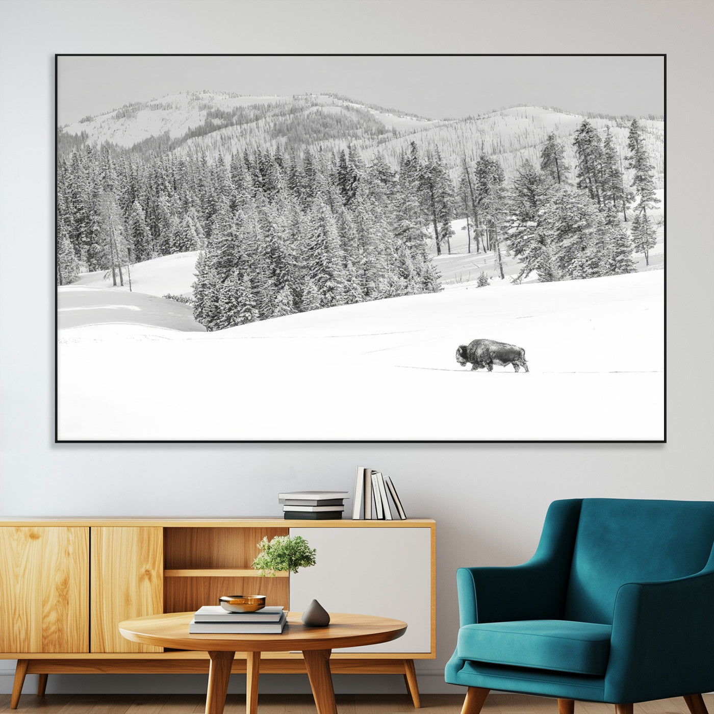 68081143-MGV-CV-36X24-Snowy Bison Wall Art Canvas Print, Framed Winter Forest Art Picture Print, Lone Bison Perfect Monochrome Winter Wild Decor Artwork