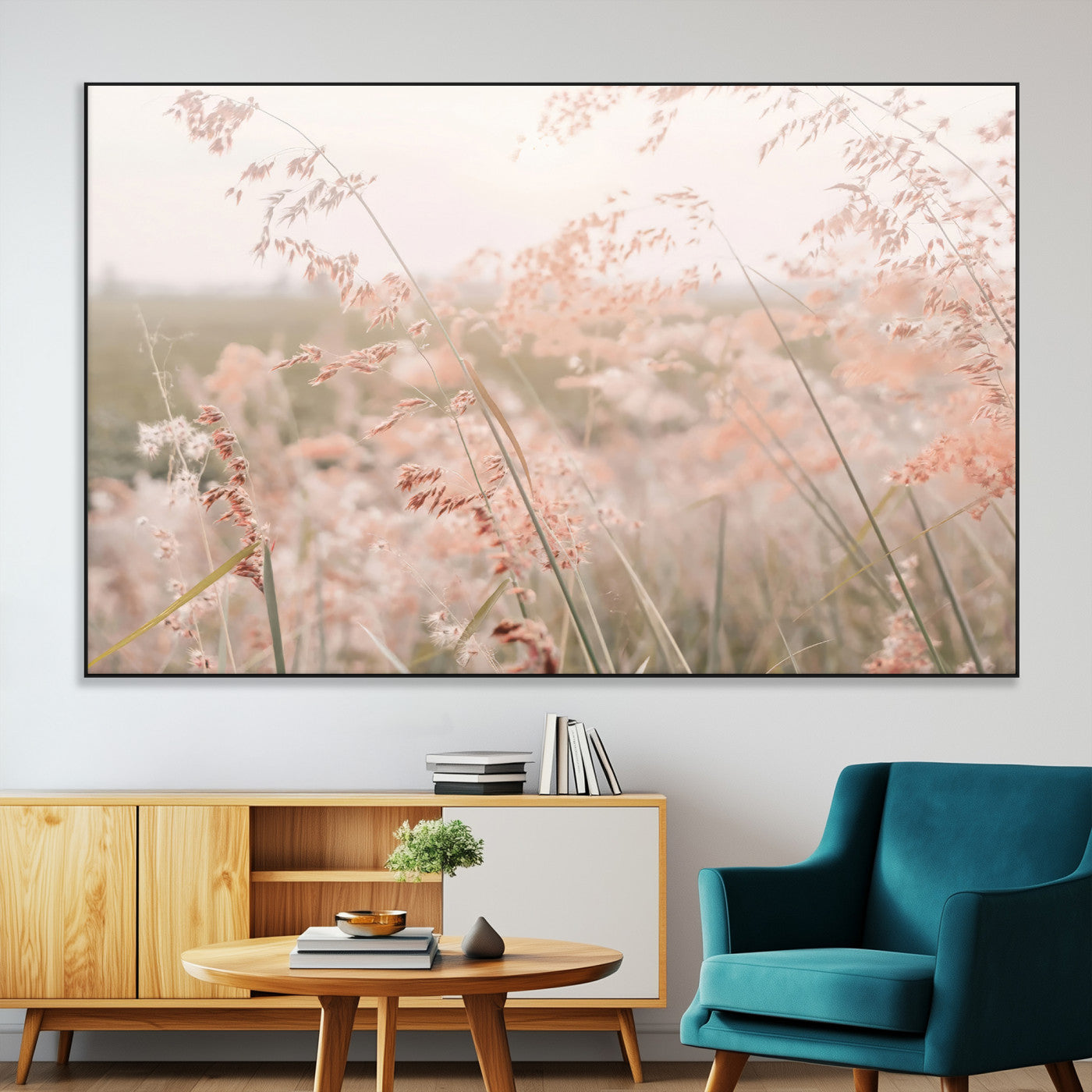 79164340-MGV-CV-36X24-Pastel Grasses Wall Art Canvas Print, Framed Soft Meadow Art Picture Print, Field in Breeze Perfect Pastel Minimal Decor Artwork
