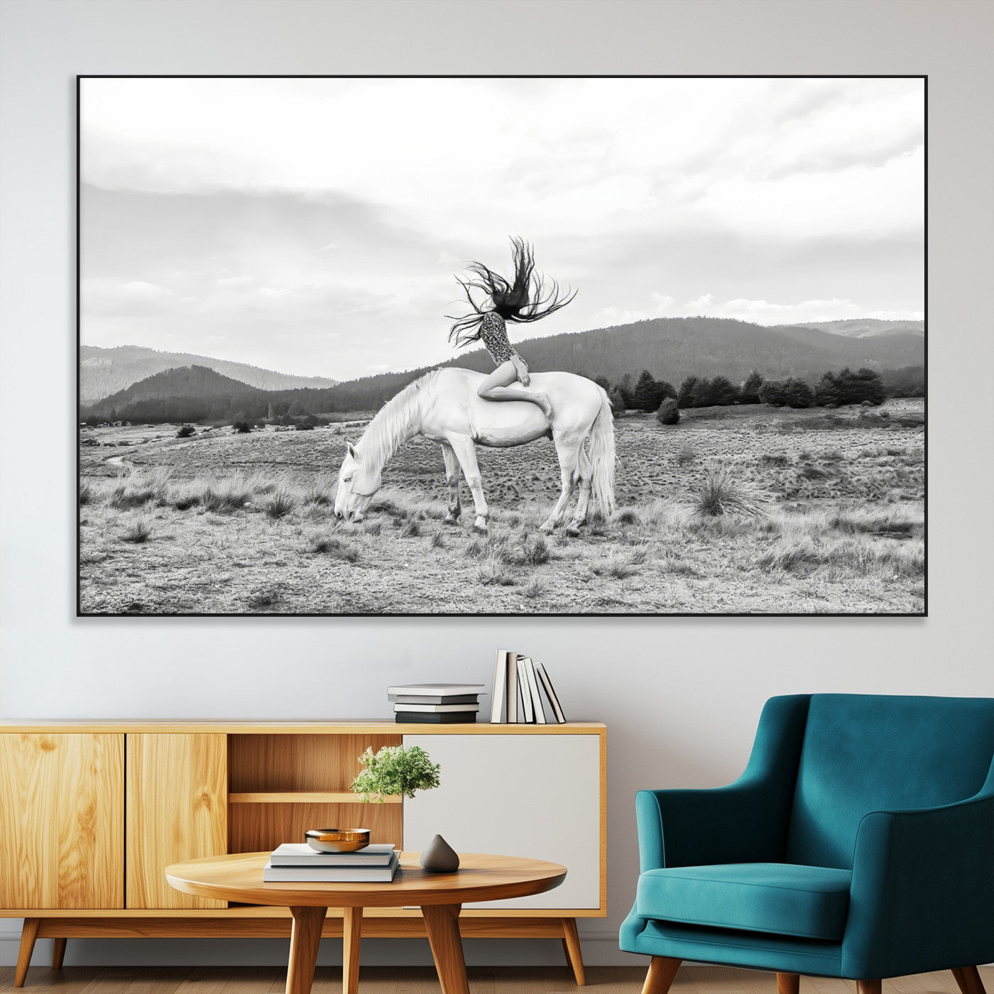 62789800-SEG-FC-51X34_Oversize-White Horse Wall Art Canvas Print, Framed Woman Rider Art Picture Print, Equestrian Pose Perfect Western Boho Decor Artwork