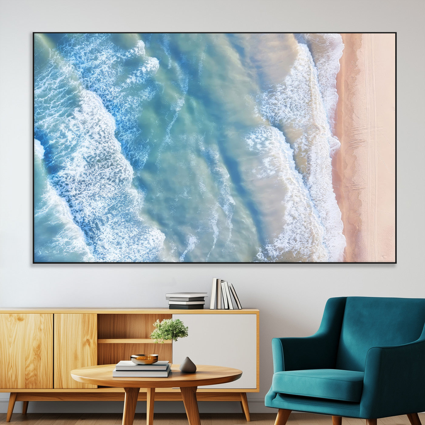 17641845-MGV-CV-36X24-Aerial Ocean Wall Art Canvas Print, Framed Blue Waves Art Picture Print, Sandy Shoreline Perfect Modern Coastal Decor Artwork