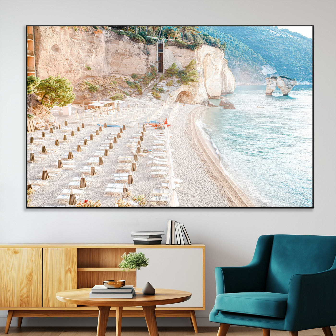 84816639-SEG-FC-51X34_Oversize-Mediterranean Beach Wall Art Canvas Print, Framed Airy Coastal Art Picture Print, Summer Shore Perfect Coastal Retreat Decor