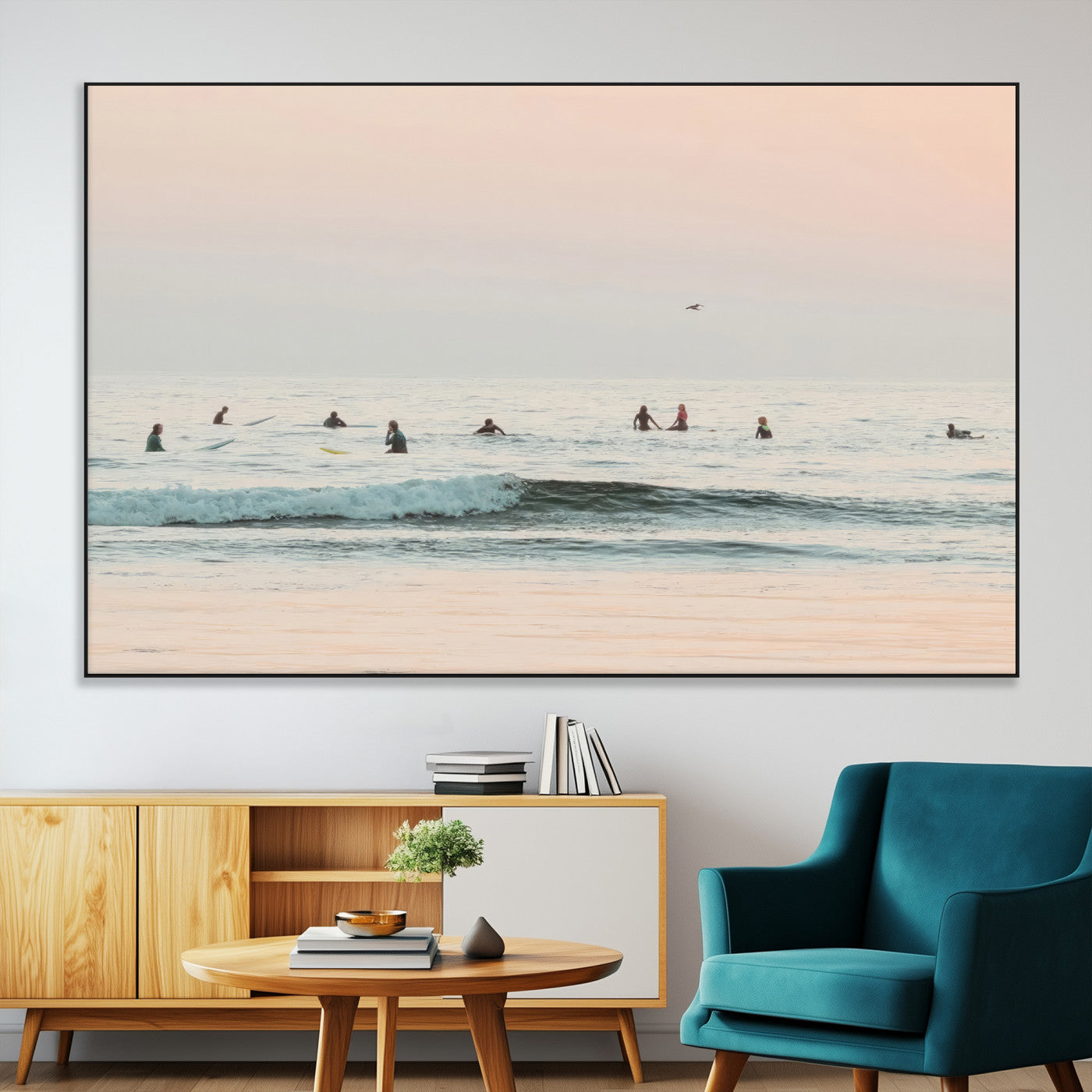 98888919-MGV-CV-36X24-Pastel Ocean Wall Art Canvas Print, Framed Soft Sunset Swimming Art Picture Print, Calm Sea Horizon Perfect Soft Coastal