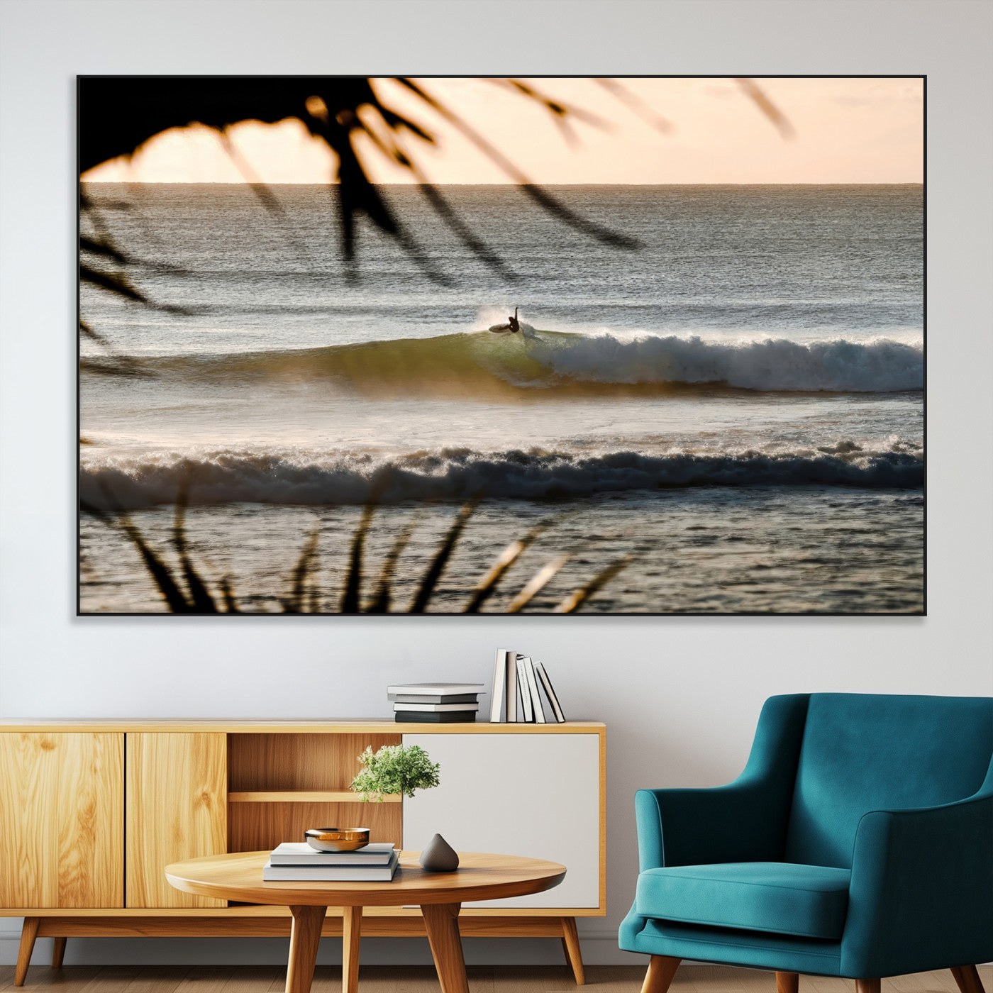 24896468-SEG-FC-51X34_Oversize-Sunset Surf Wall Art Canvas Print, Framed Golden Waves Art Picture Print, Tropical Ocean Perfect Tropical Boho Decor Artwork