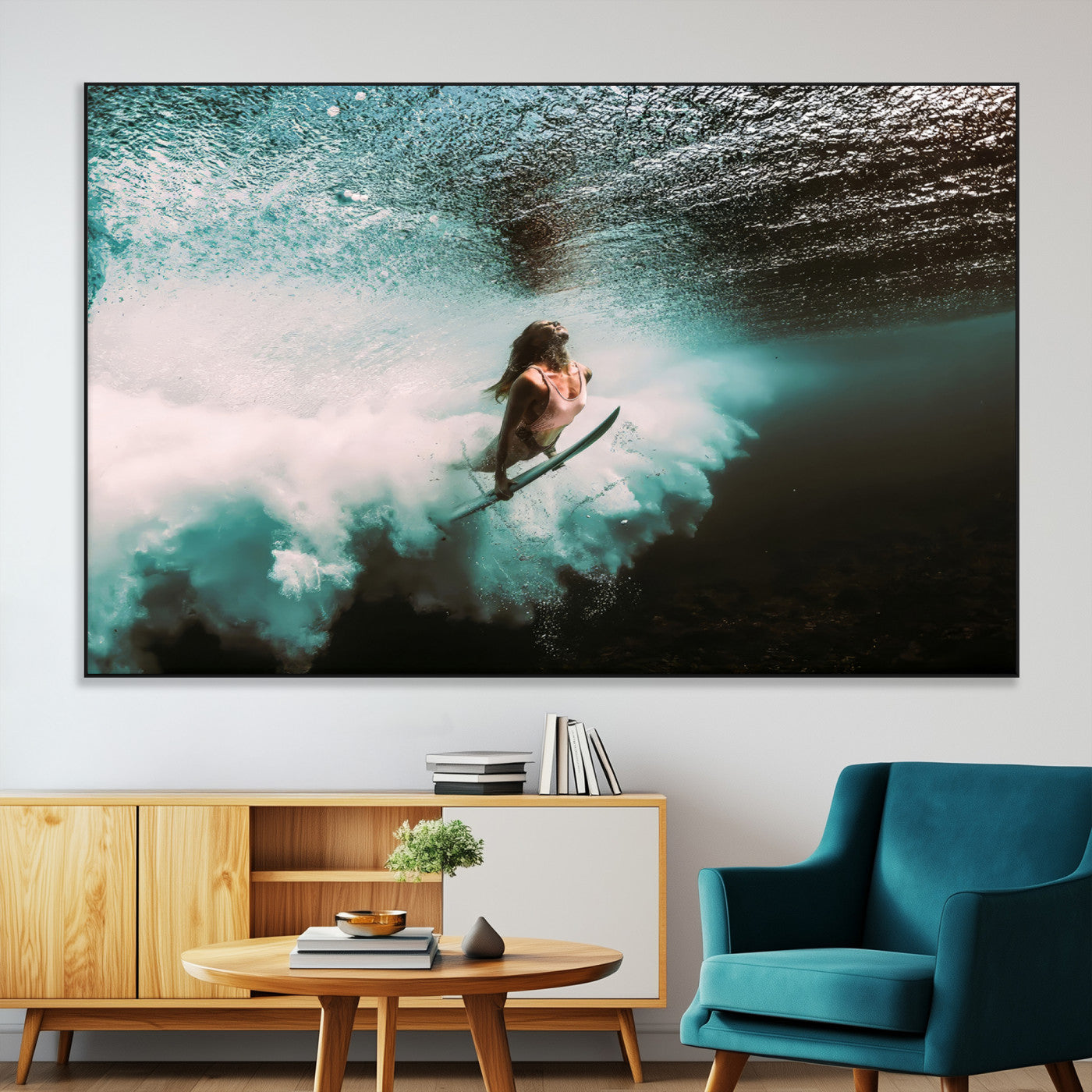 85923512-SEG-FC-51X34_Oversize-Aquatic Motion Wall Art Canvas Print, Framed Underwater Swimming Art Picture Print, Female Surfer Diving Perfect Coastal Boho