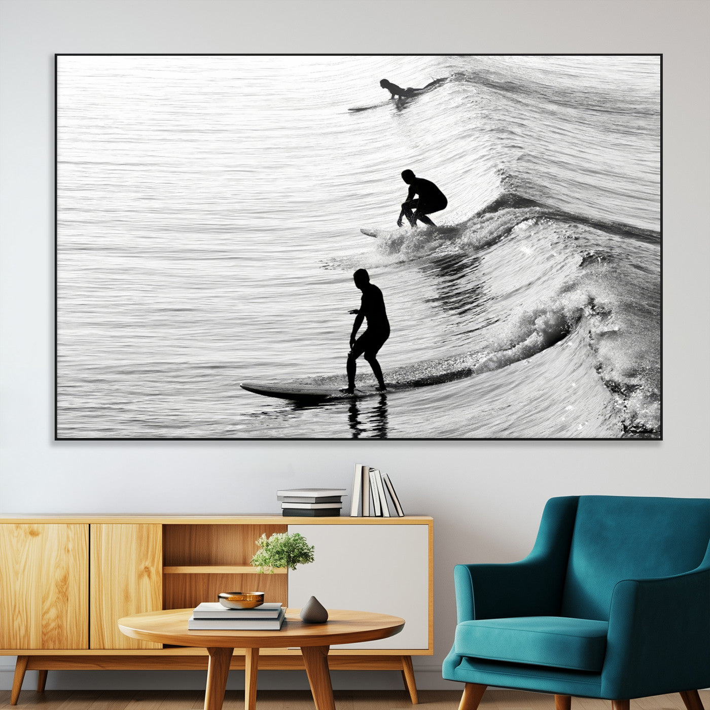 19875284-SEG-FC-51X34_Oversize-Surfer Waves Wall Art Canvas Print, Framed Black White Surf Art Picture Print, Monochrome Ocean Perfect Modern Coastal Decor