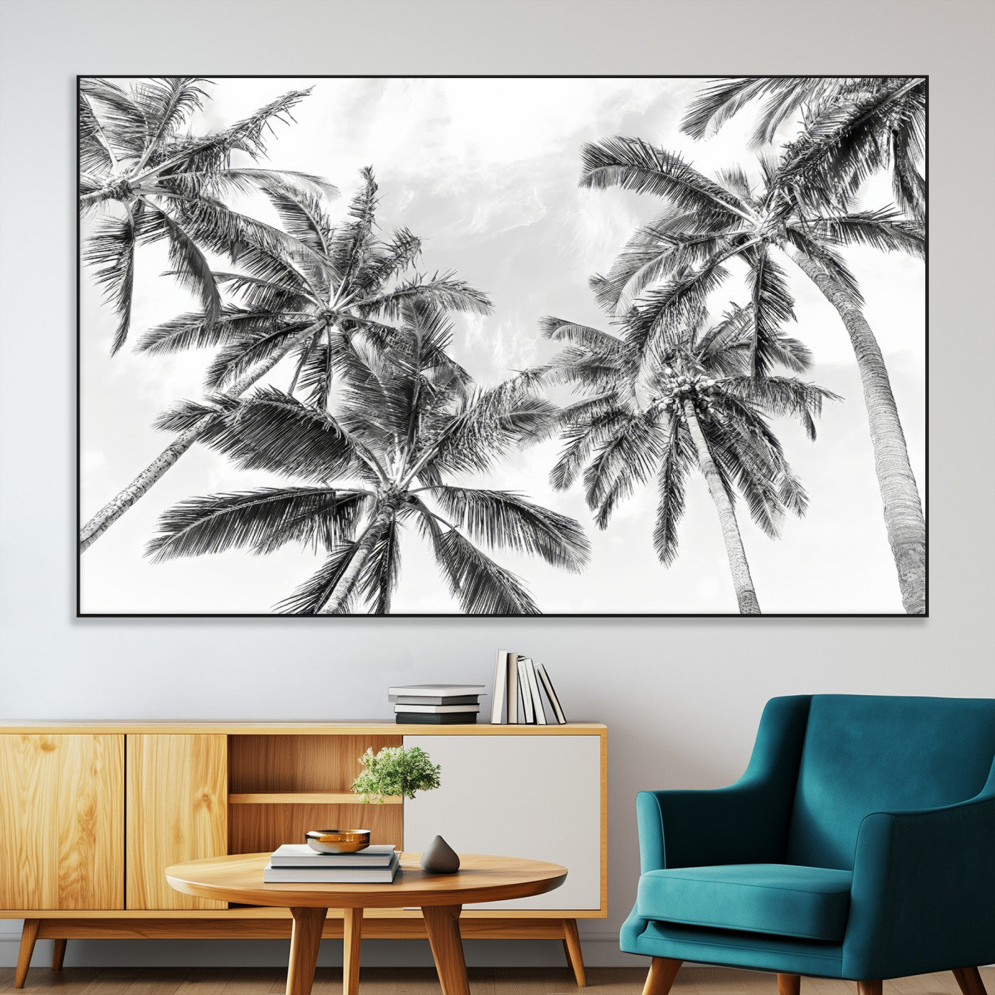 62113786-SEG-FC-51X34_Oversize-Black White Palm Wall Art Canvas Print, Framed Monochrome Tropics Art Picture Print, Minimalist Beach Perfect Coastal Minimalist
