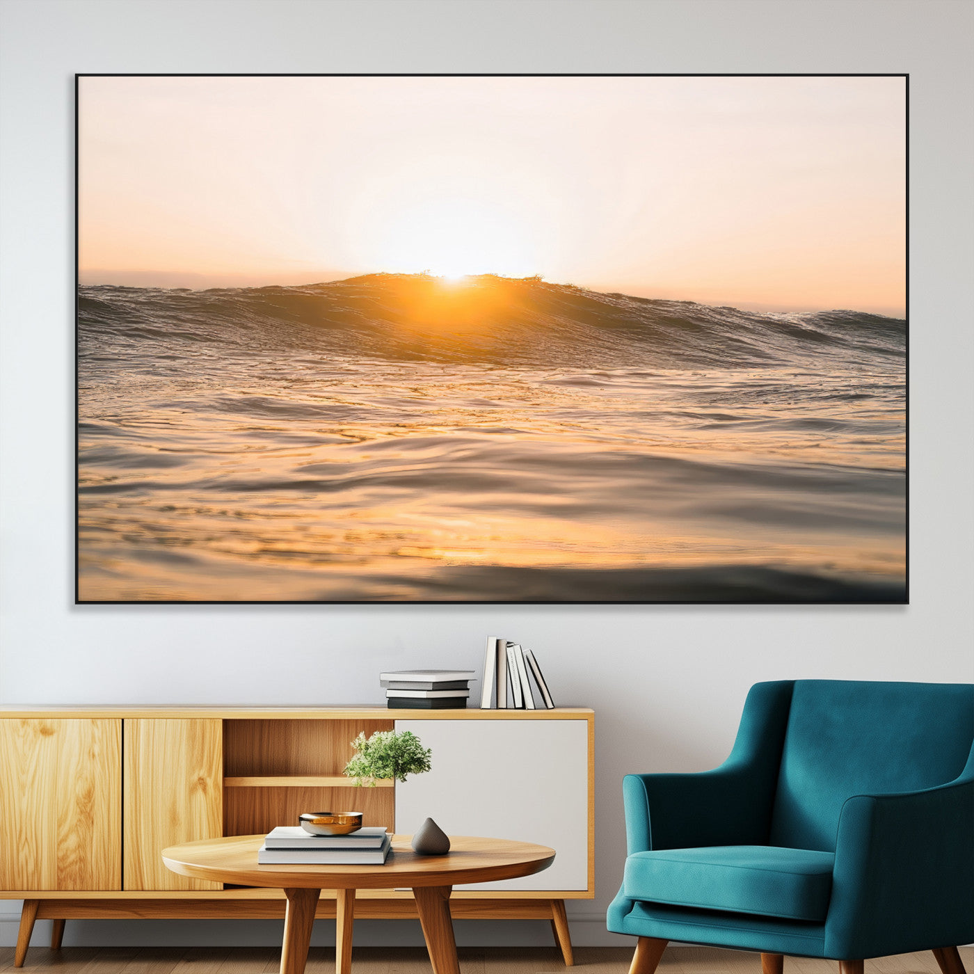 16973771-SEG-FC-51X34_Oversize-Calm Water Wall Art Canvas Print, Framed Sunset Waves Art Picture Print, Coastal Warmth Perfect Warm Minimalist Decor Artwork