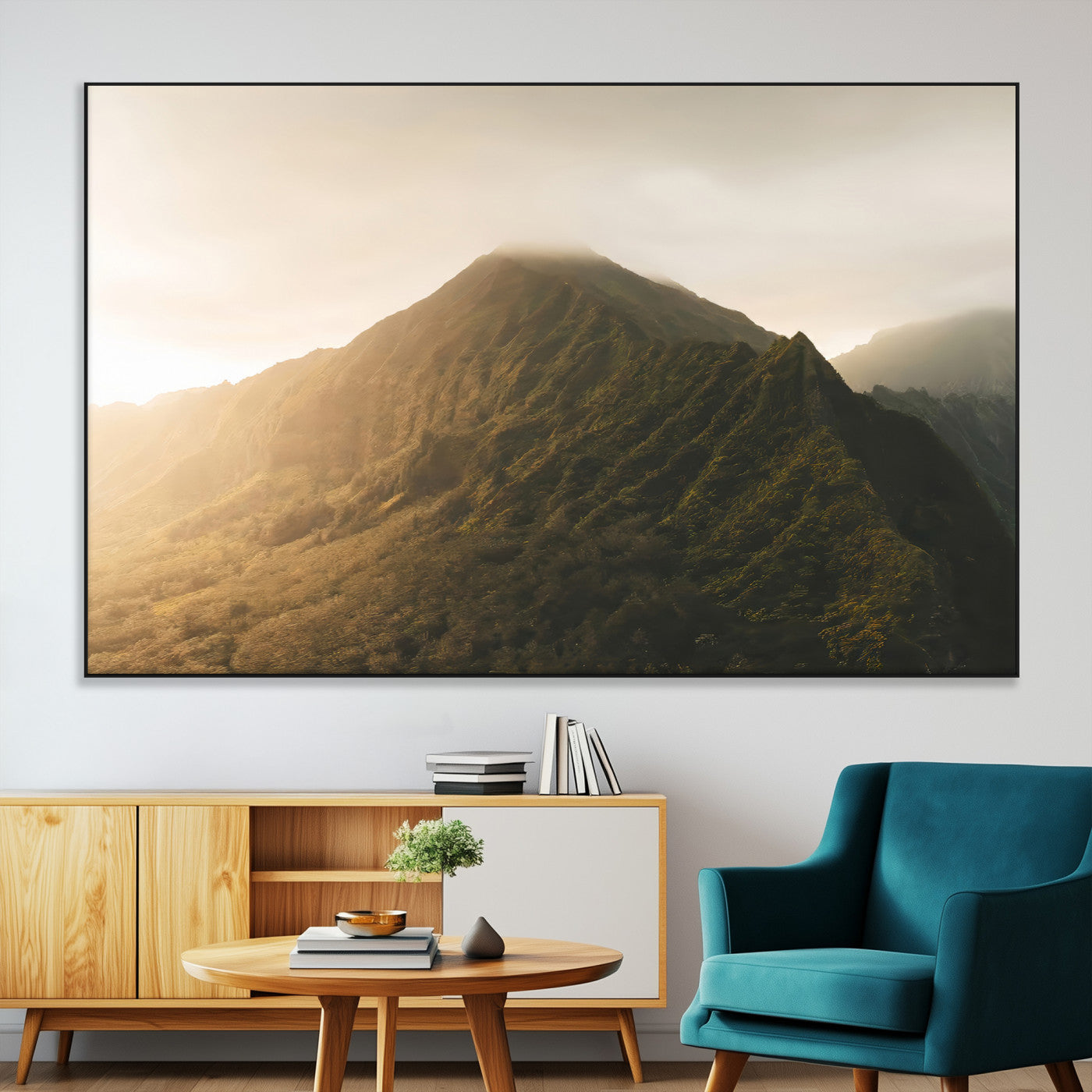 42338636-SEG-FC-51X34_Oversize-Golden Mountain Wall Art Canvas Print, Framed Misty Summit Art Picture Print, Rugged Landscape Perfect Moody Wilderness Decor