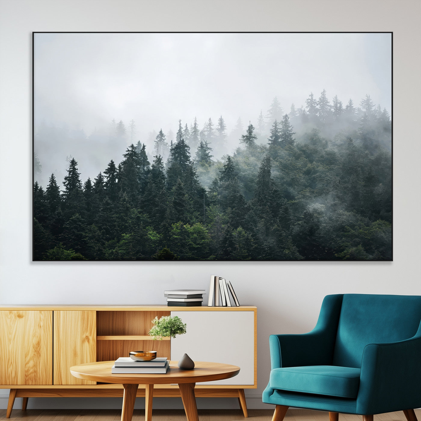 84146572-MGV-CV-36X24-Foggy Pine Trees Wall Art Canvas Print, Framed Forest Nature Art Picture Print, Evergreen Forest Perfect Scandinavian Minimalist