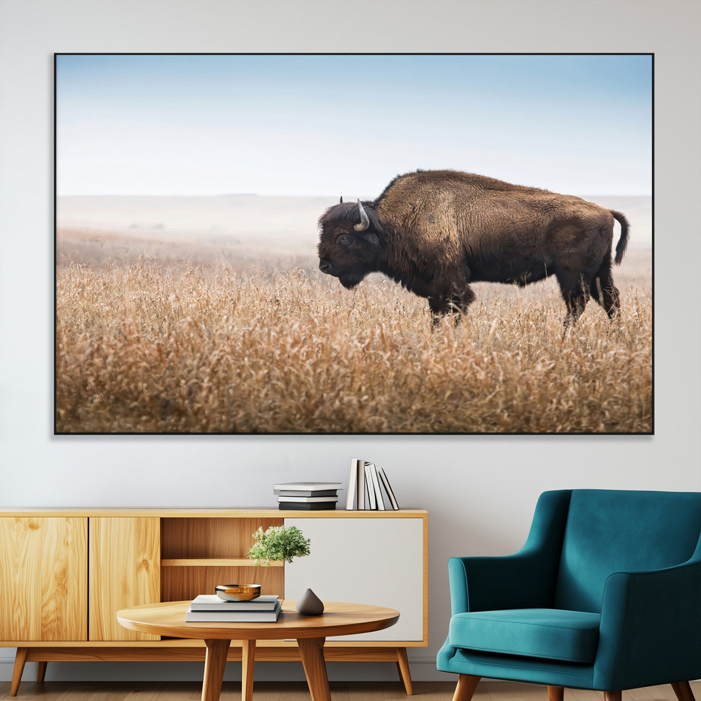 99620201-SEG-FC-51X34_Oversize-Wild Bison Wall Art Canvas Print, Framed Bison in Prairie Art Picture Print, Rustic Western Perfect Rustic Western Decor Artwork