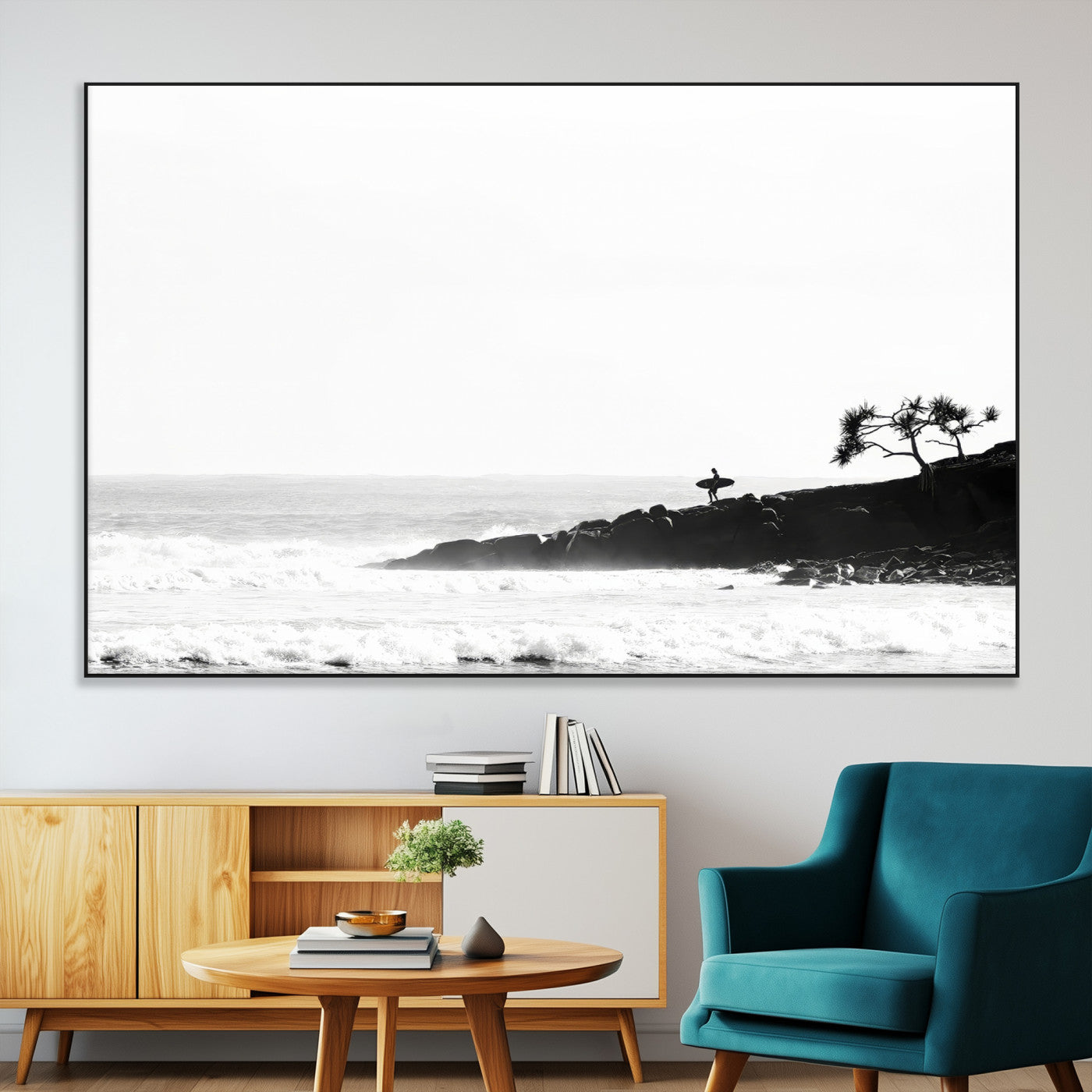 40875891-SEG-FC-51X34_Oversize-SurferCliffs Wall Art Canvas Print, Framed Black White Beach Art Picture Print, Ocean Waves Perfect Minimalist Coastal Decor