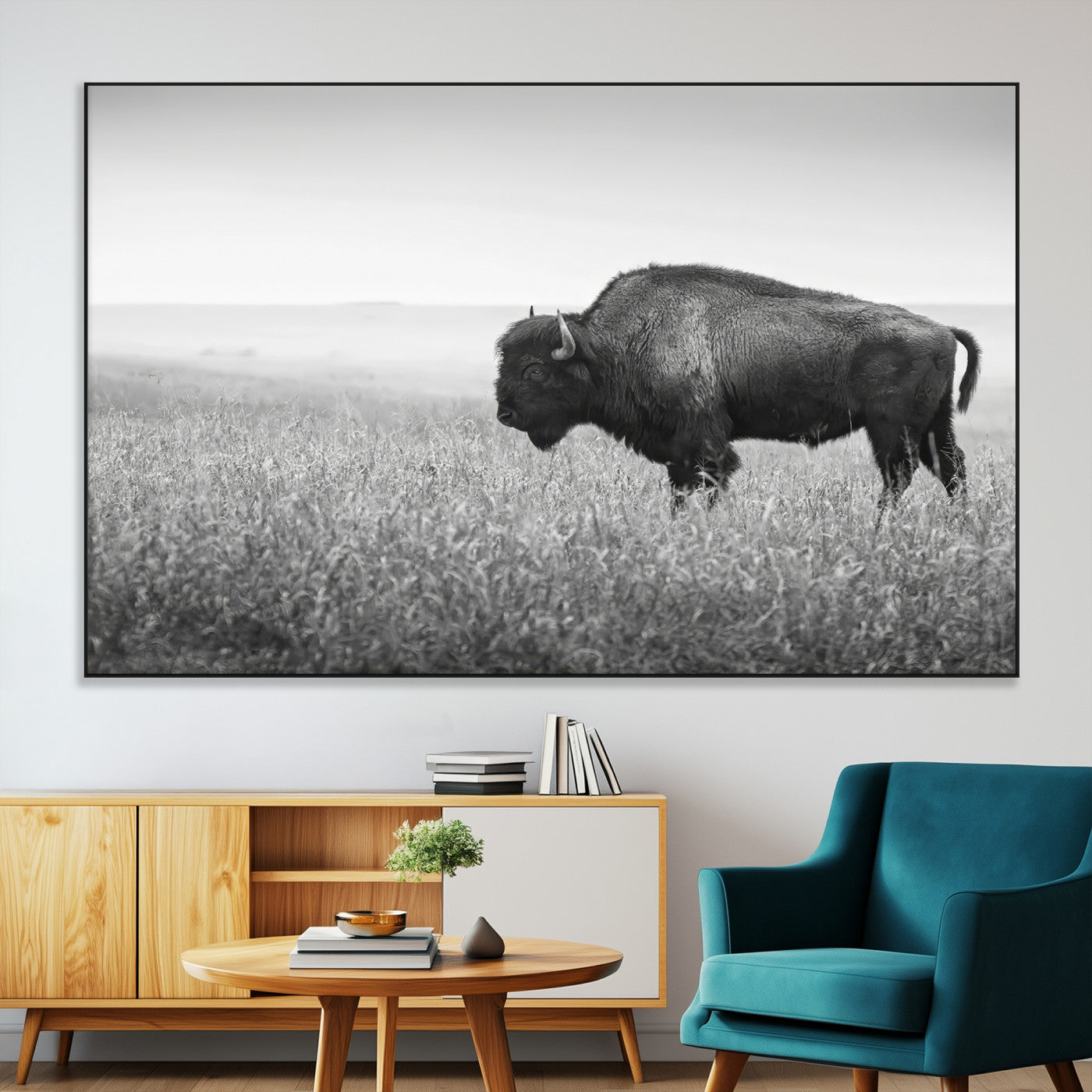 28435251-MGV-CV-36X24-Bison In Prairie Wall Art Canvas Print, Framed Rustic Wildlife Art Picture Print, Wild Buffalo Perfect Rustic Western Decor