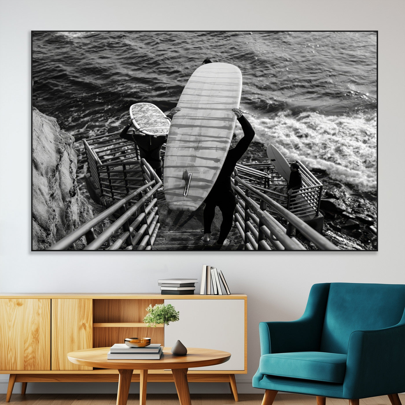 32353707-MGV-CV-36X24-Black White Surfing Wall Art Canvas Print, Framed Coastal Surfing Art Picture Print, Wave Riders Perfect Coastal Adventure Decor