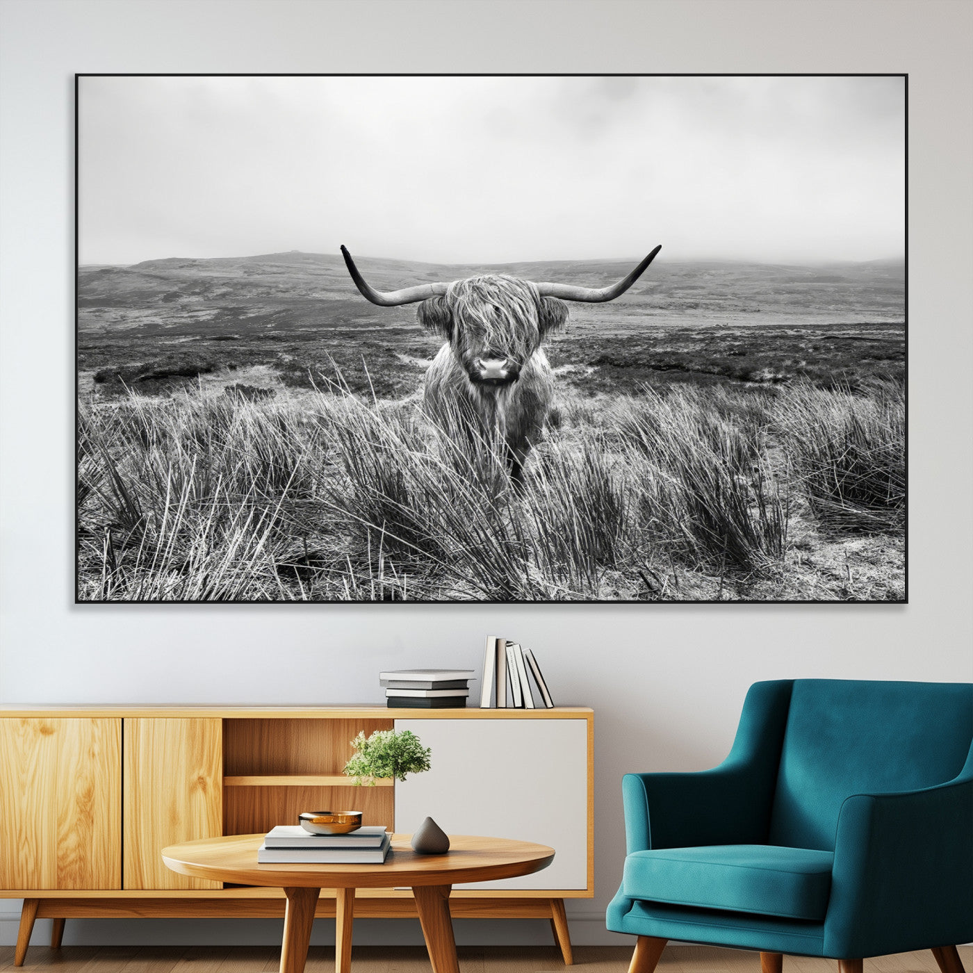24051061-SEG-FC-51X34_Oversize-Monochrome Highland Cow Wall Art Canvas Print, Framed Scottish Bull Art Picture Print, Lone Cattle Perfect Rustic Farmhouse Decor