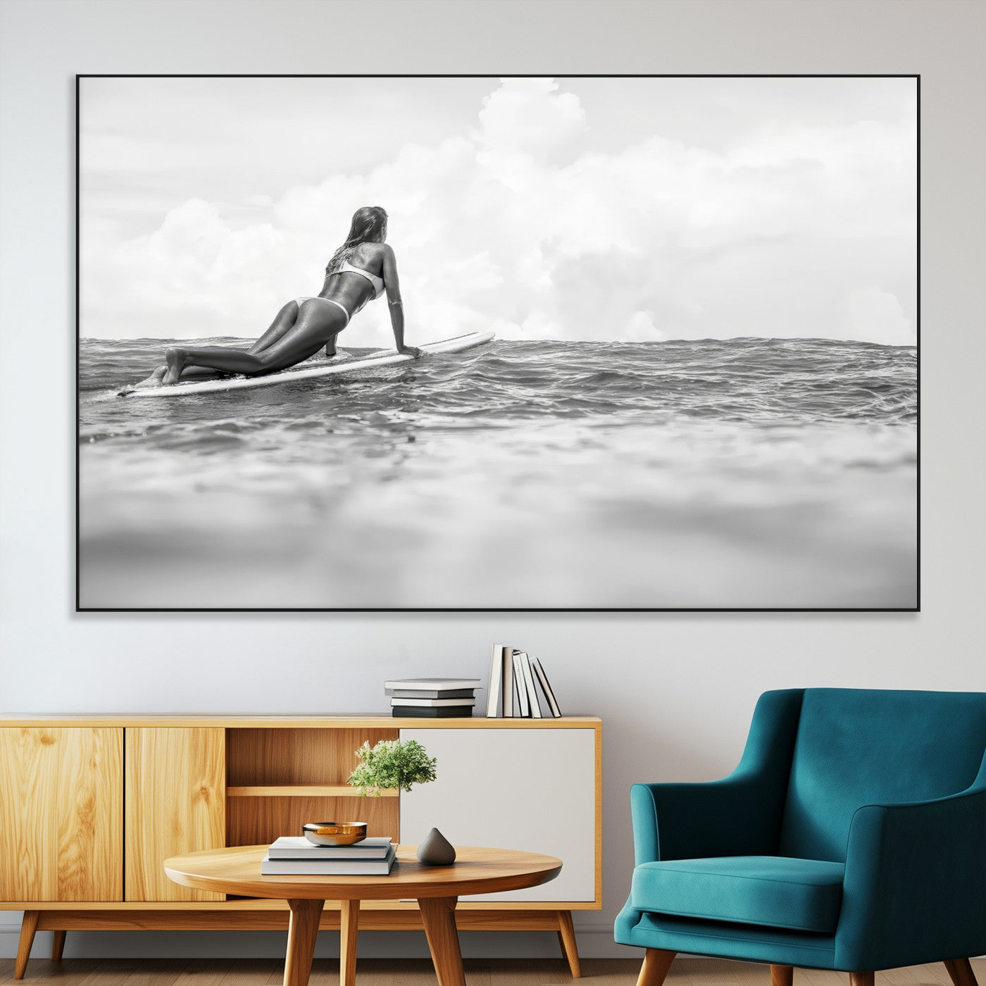 69798068-SEG-FC-51X34_Oversize-Black White Surfing Wall Art Canvas Print, Framed Ocean Horizon Art Picture Print, Surfer Girl Perfect Coastal Adventure Decor