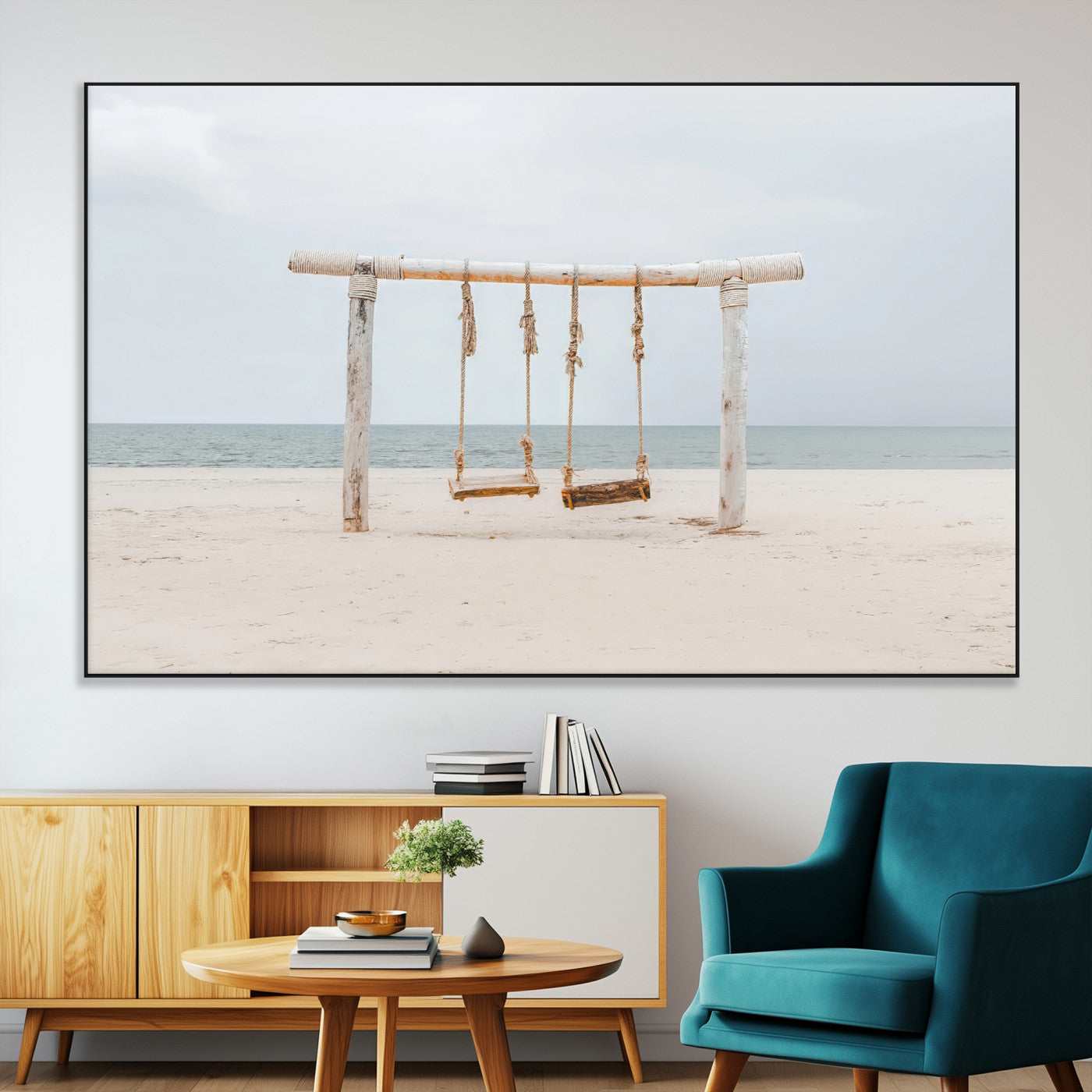 68327283-MGV-CV-36X24-Beach Swing Wall Art Canvas Print, Framed Quiet Beach Art Picture Print, Calm Shoreline Perfect Bohemian Coastal Decor Artwork