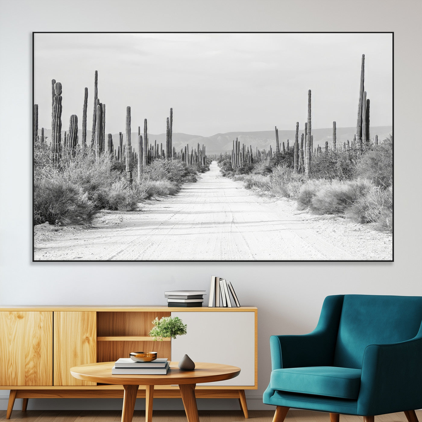 35537313-MGV-CV-36X24-Monochrome Desert Wall Art Canvas Print, Framed Cactus Path Art Picture Print, Southwestern Landscape Perfect Southwestern