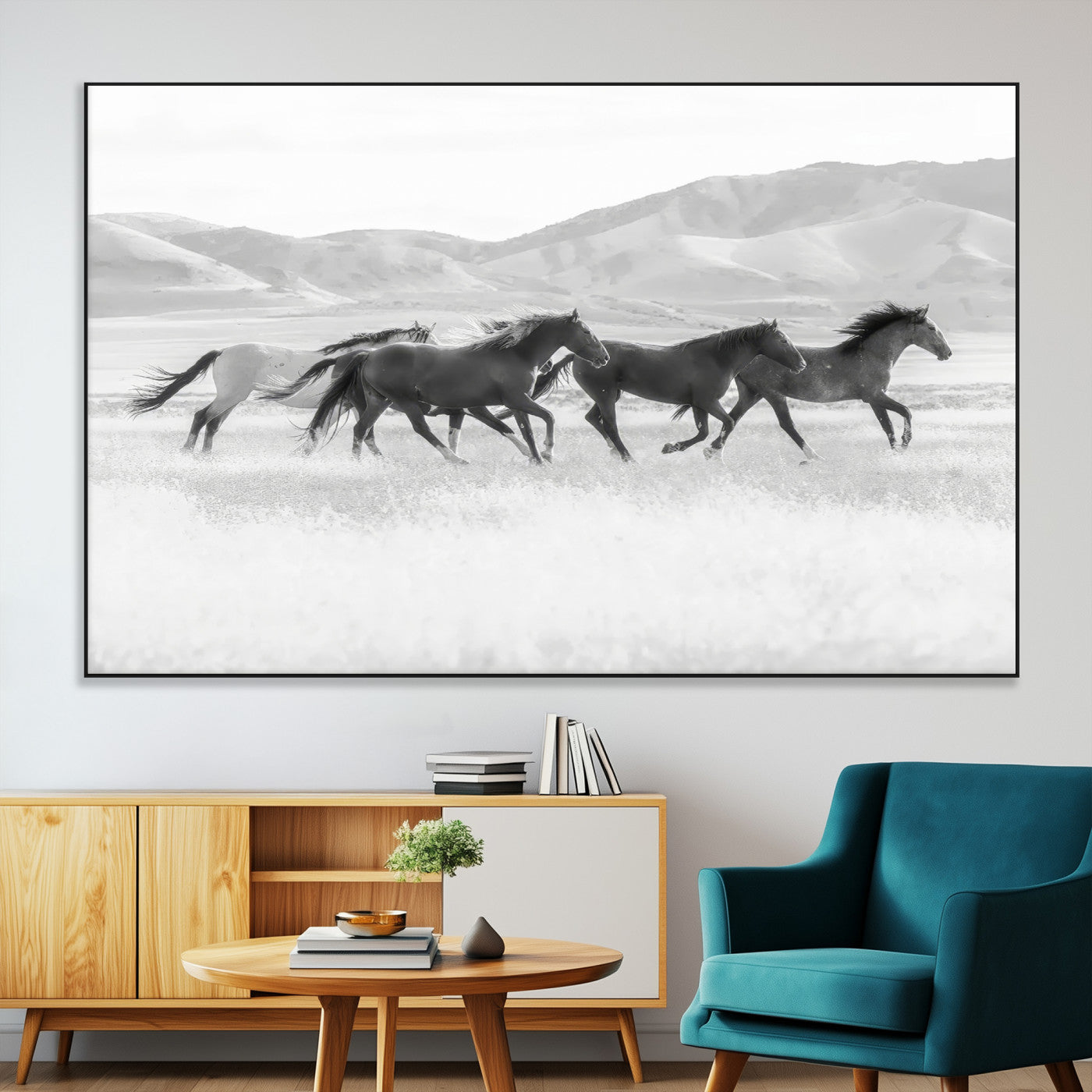 69934913-SEG-FC-51X34_Oversize-Wild Horses Running Wall Art Canvas Print, Framed Black White Mustangs Art Picture Print, Rustic Western Perfect Rustic Western