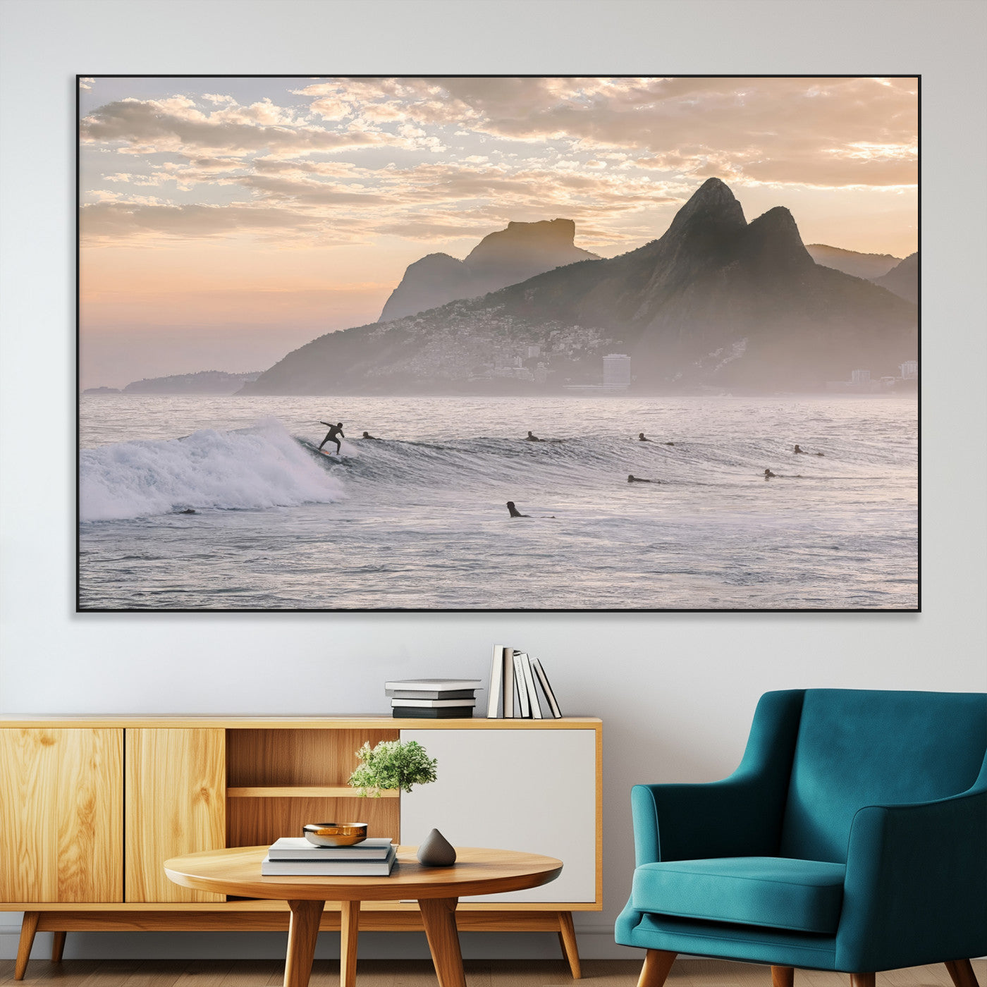 70644906-SEG-FC-51X34_Oversize-Sunset Surfing Wall Art Canvas Print, Framed Misty Mountains Art Picture Print, Surfer Riding Wave Perfect Coastal Adventure Decor