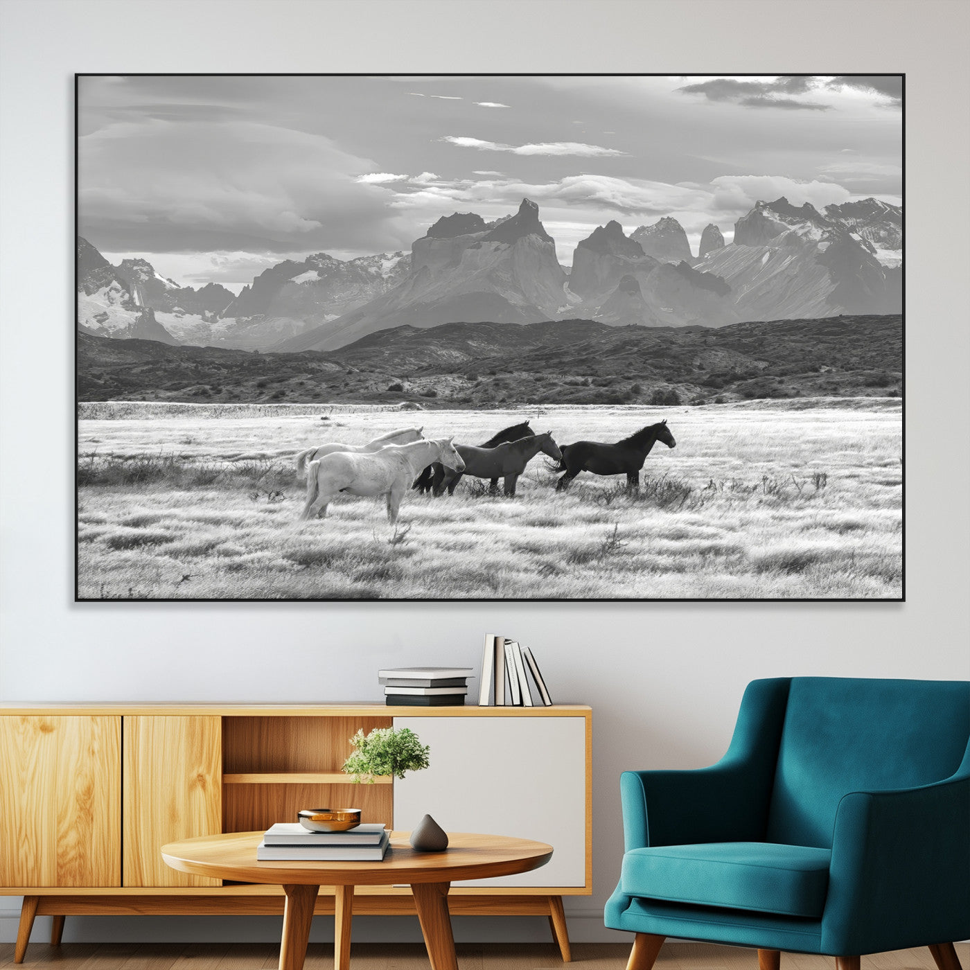 21655040-SEG-FC-51X34_Oversize-Wild Horses Wall Art Canvas Print, Framed Black White Mountains Art Picture Print, Rustic Countryside Perfect Rustic Western Decor