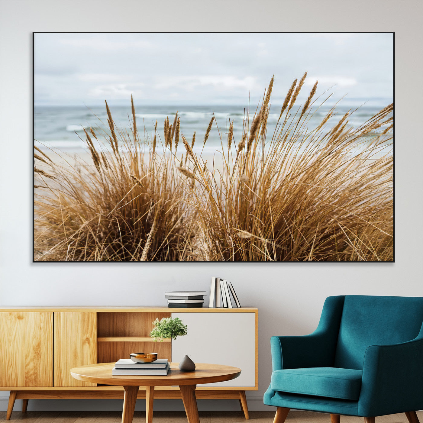 14270839-SEG-FC-51X34_Oversize-Beach Grass Wall Art Canvas Print, Framed Coastal Dunes Art Picture Print, Dune Grass Perfect Coastal Minimalist Decor Artwork