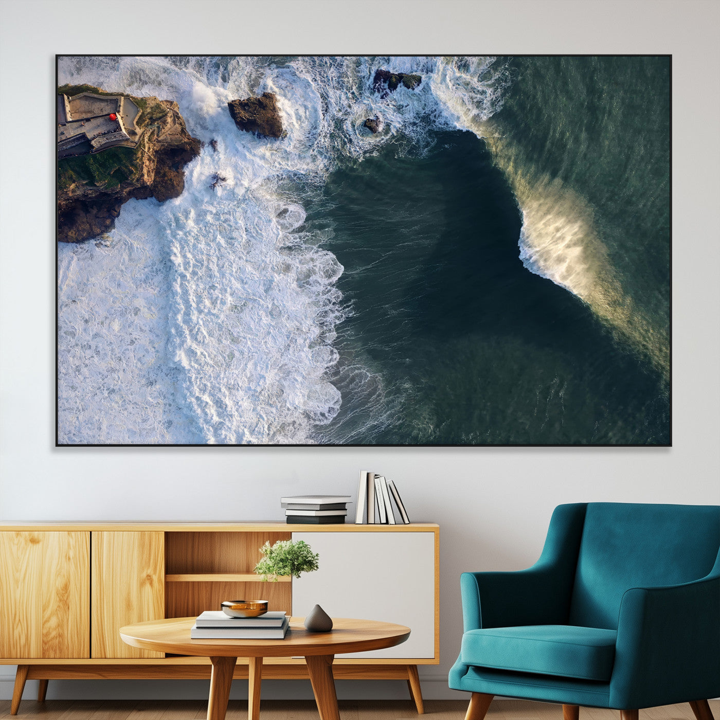 37405684-SEG-FC-51X34_Oversize-Nazare Coast Wall Art Canvas Print, Framed Aerial Ocean Art Picture Print, Coastal Fortress Perfect Dramatic Coastal Decor Artwork