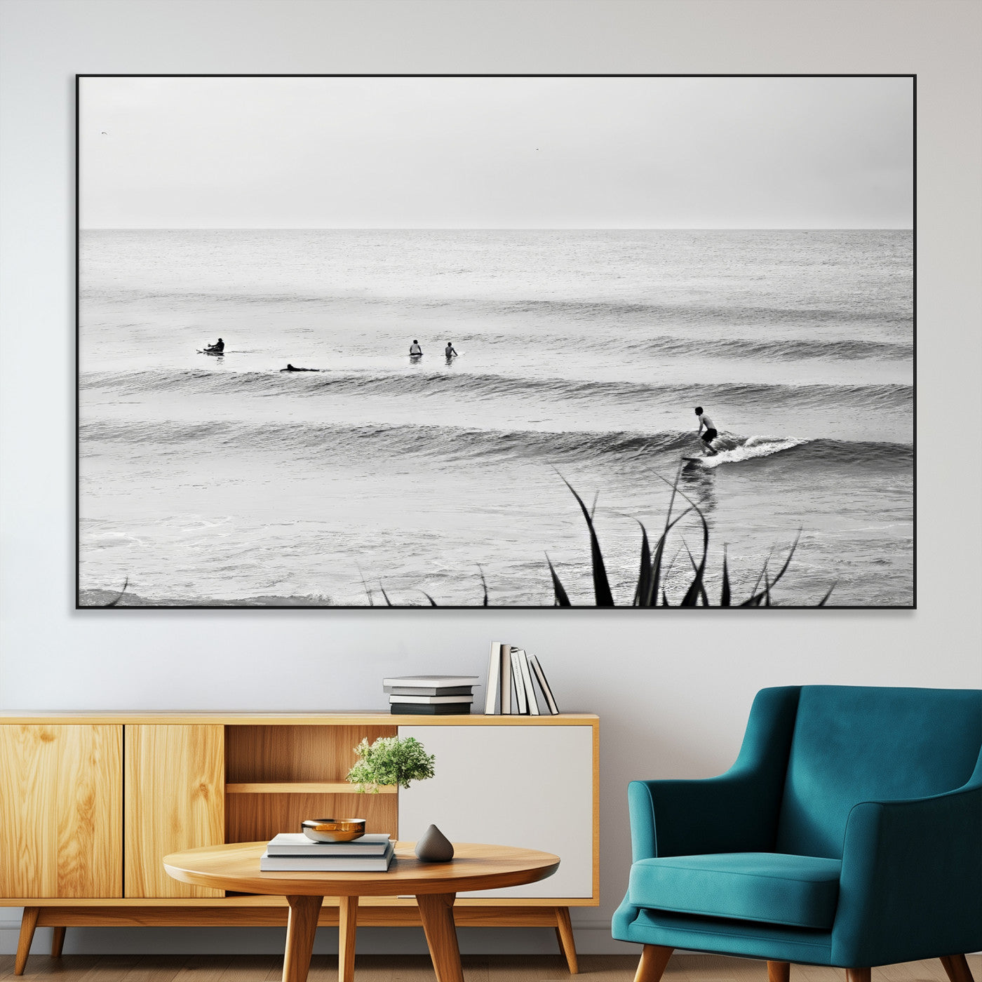33821421-SEG-FC-51X34_Oversize-Surfer Silhouette Wall Art Canvas Print, Framed Calm Ocean Art Picture Print, Monochrome Surf Perfect Minimalist Coastal Decor