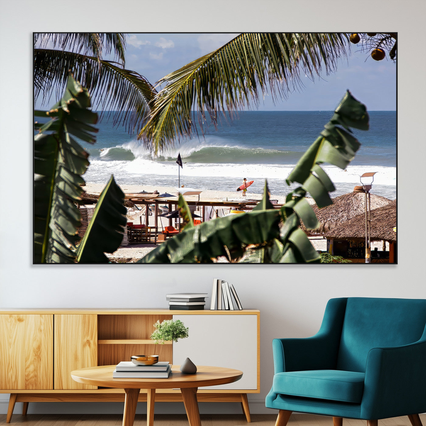 34722557-SEG-FC-51X34_Oversize-Tropical Shoreline Wall Art Canvas Print, Framed Surfer Beach Art Picture Print, Coastal Surf Perfect Tropical Coastal Decor