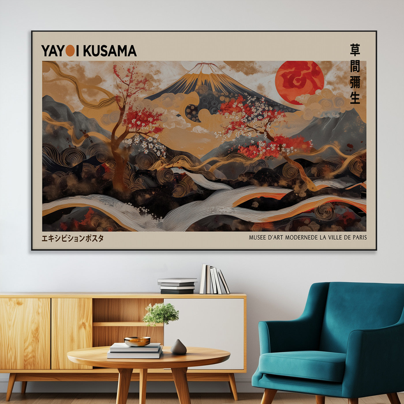 77970791-MGV-CV-36X24-Mount Fuji Golden Abstract Wall Art – Japanese Landscape Canvas Poster, Cherry Blossom & Red Sun Painting, Elegant Zen Oriental