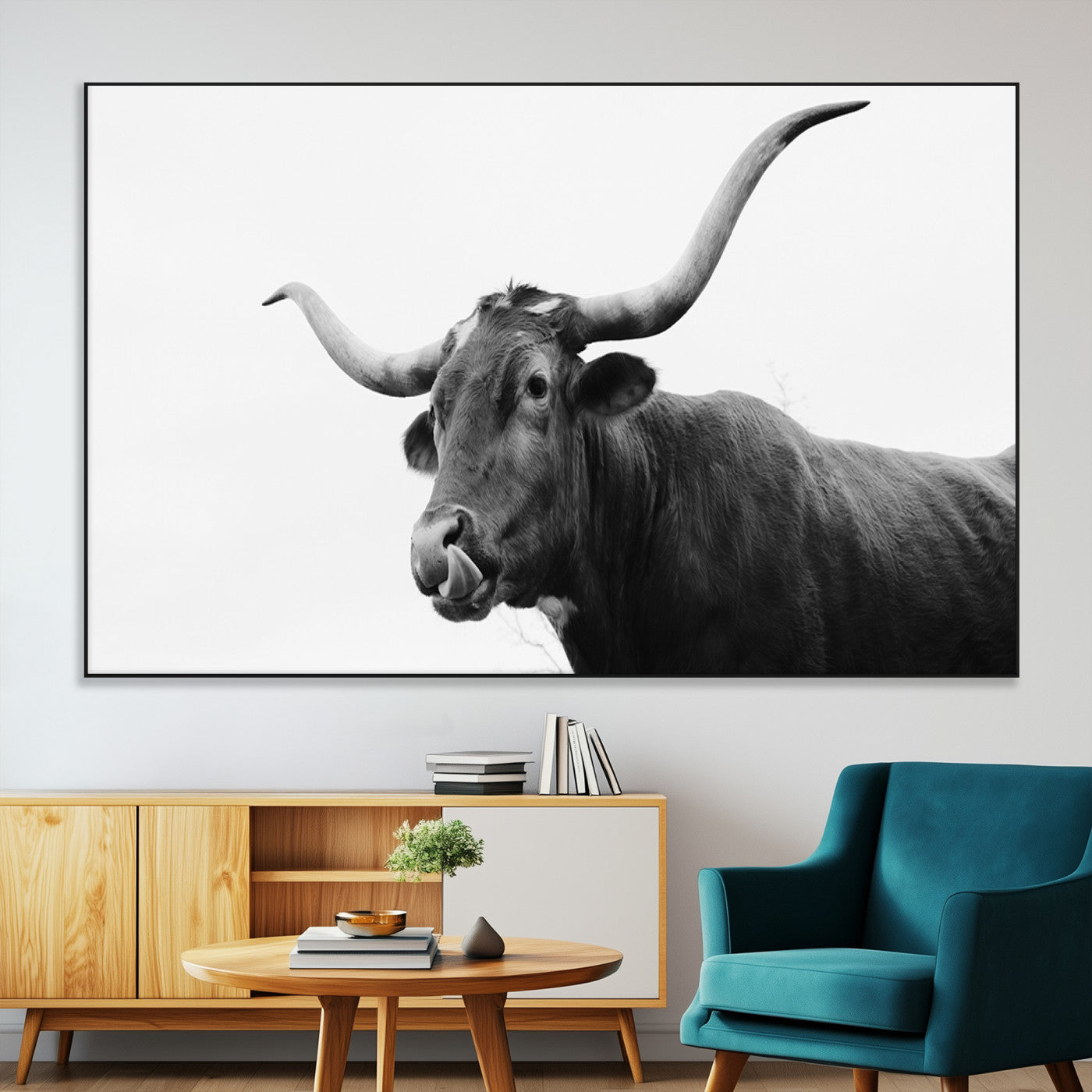 99244177-MGV-CV-36X24-Longhorn Photography Wall Art Canvas Print, Framed Western Cow Decor Art Picture Print, Black White Bull Perfect Modern Rustic