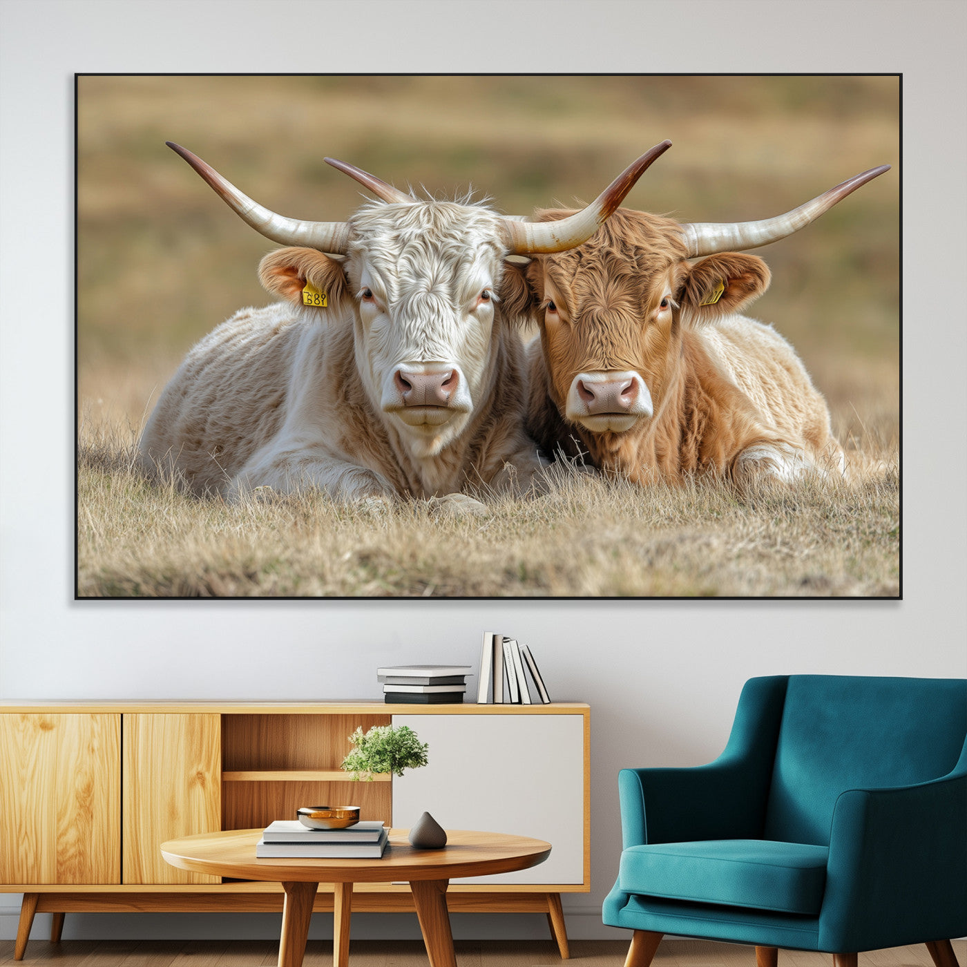 53388593-SEG-FC-51X34_Oversize-Cow Photography Wall Art Canvas Print, Framed Rustic Animal Decor Art Picture Print, Texas Cow Pair Perfect Western Farmhouse