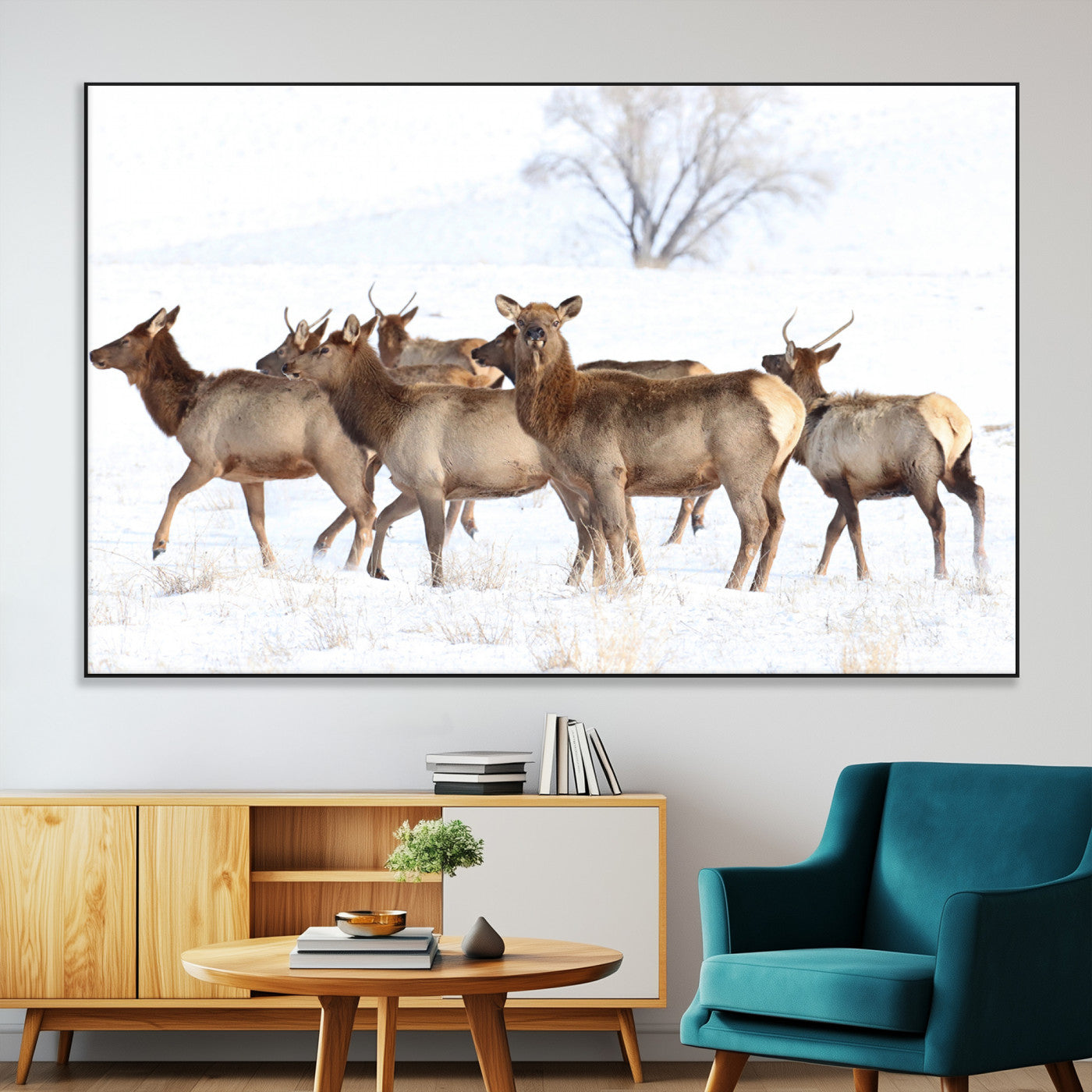 68738684-MGV-CV-36X24-Winter Elk Scene Wall Art Canvas Print, Framed Wildlife Photography Art Picture Print, Snowy Deer Decor Perfect Rustic Lodge Decor