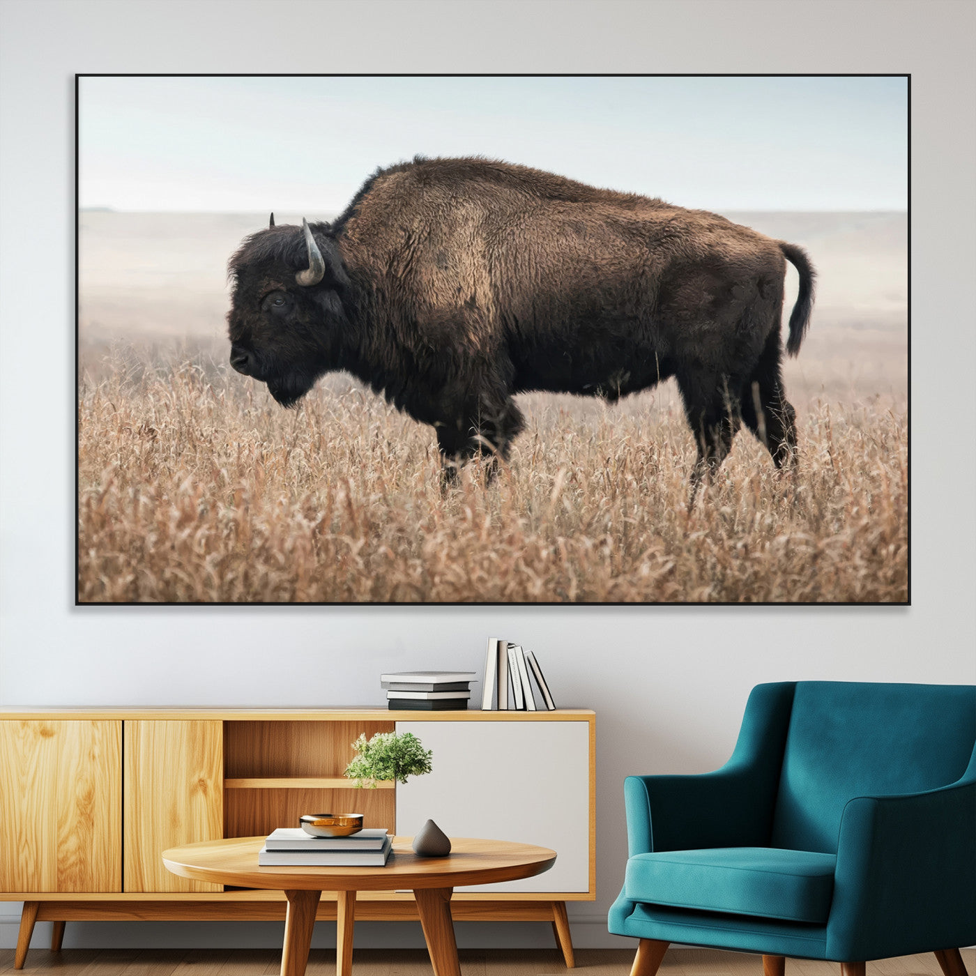 34451925-MGV-CV-36X24-Rustic Bison Decor Wall Art Canvas Print, Framed Buffalo Home Accent Art Picture Print, Prairie Wildlife Scene Perfect Western