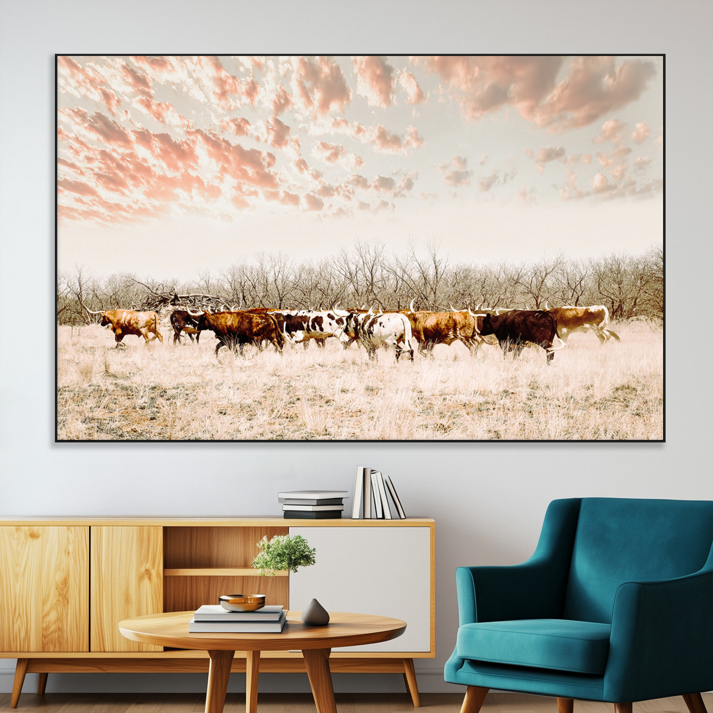 43704663-SEG-FC-51X34_Oversize-Country Cow Herd Wall Art Canvas Print, Framed Farmhouse Cattle Scene Art Picture Print, Rustic Ranch Decor Perfect Rustic