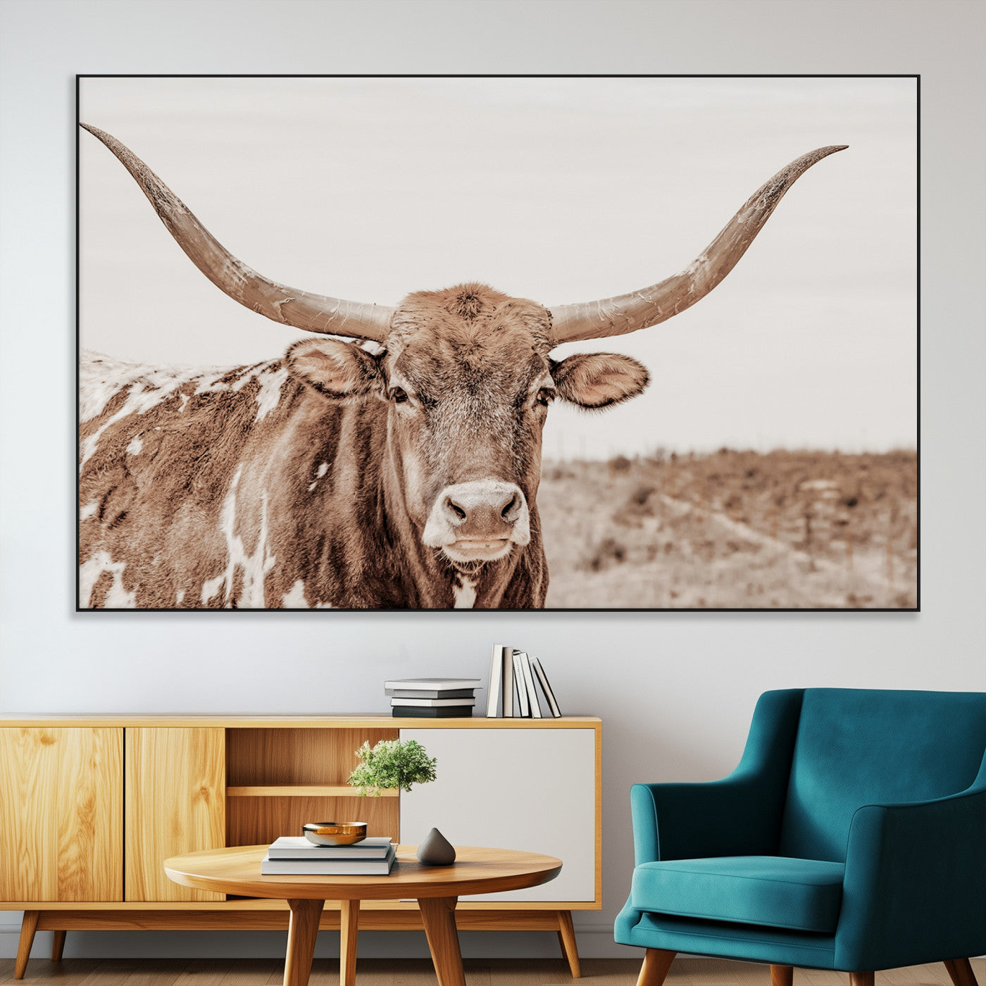 77810049-MGV-CV-36X24-Longhorn Bull Photo Wall Art Canvas Print, Framed Rustic Cow Decor Art Picture Print, Neutral Farmhouse Style Perfect Rustic
