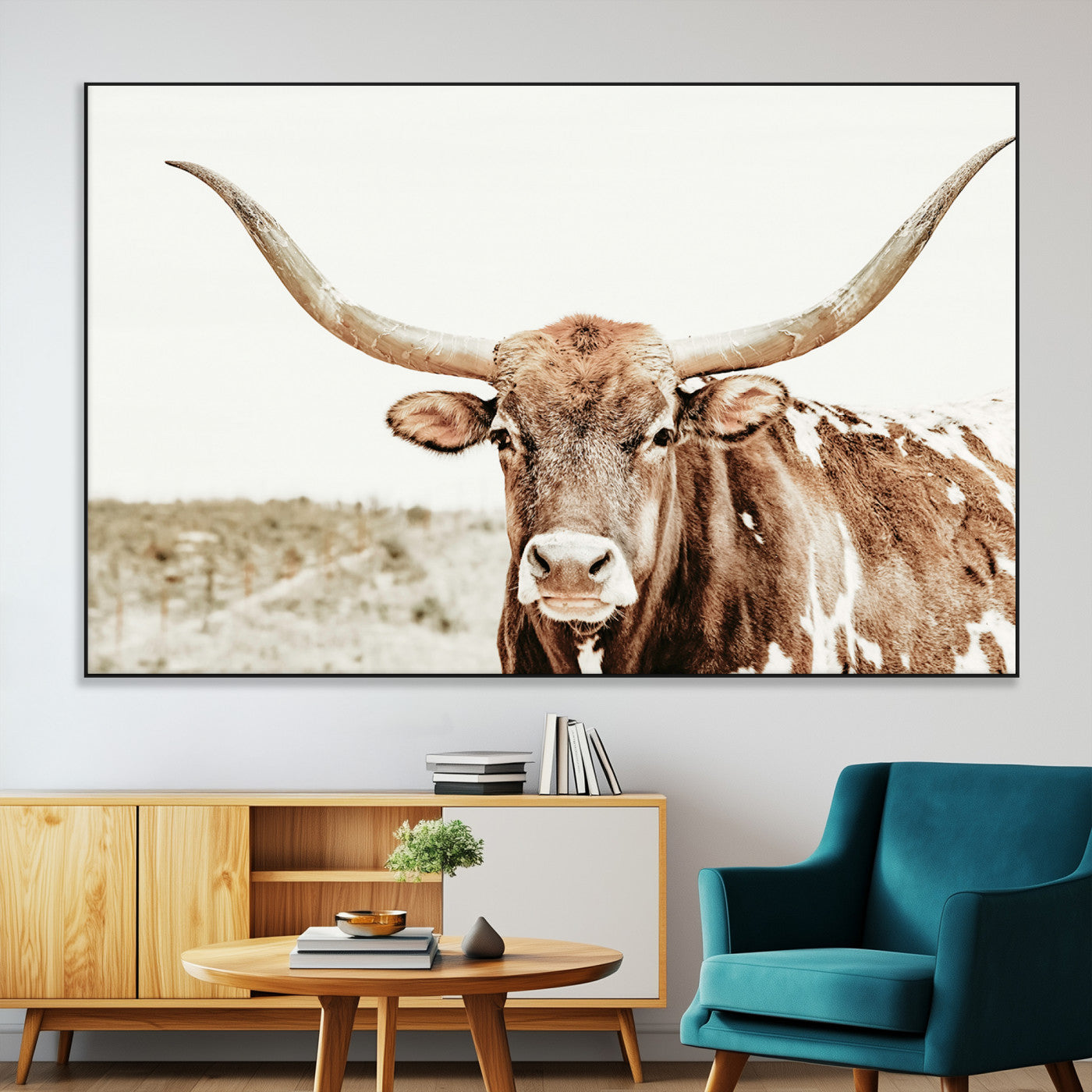 98924580-SEG-FC-51X34_Oversize-Texas Longhorn Bull Wall Art Canvas Print, Framed Rustic Farmhouse Decor Art Picture Print, Western Animal Theme Perfect Rustic