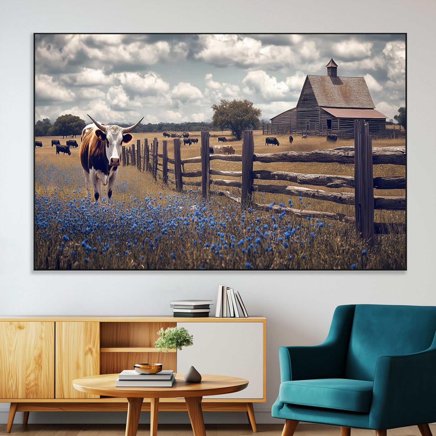 22296025-MGV-CV-36X24-Texas Longhorn Canvas Wall Art Canvas Print, Framed Rustic Barn Wall Art Art Picture Print, Farmhouse Cow Decor Perfect Rustic